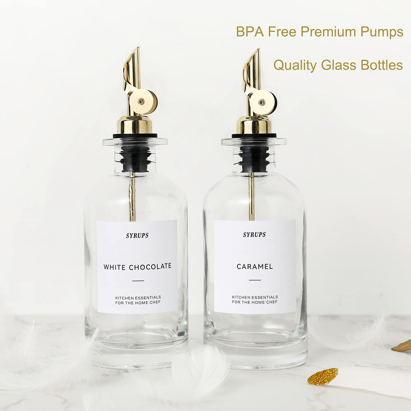 Oil bottle oil dispenser, glass bottle for kitchen 350ML 2Pack Gold, olive oil bottle coffee syrup mouthwash dispenser with weighted pouring spout 35 piece labels vinegar cooking oil dispenser olive oil container