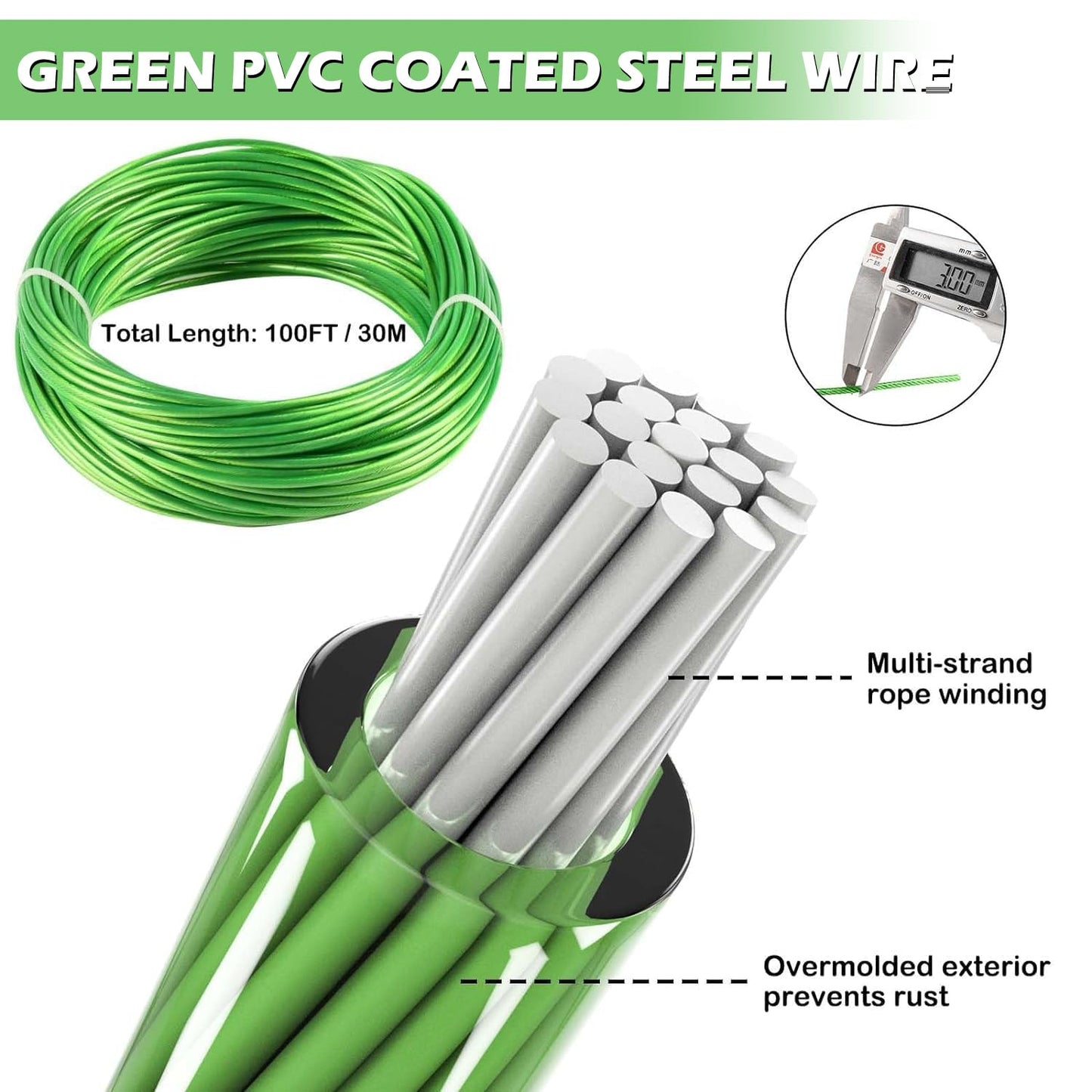 3mm PVC coated wire rope, 30M metal steel wire trellis kit, multi-use clothesline cable for T post | Climbing vine plants outdoors | String light hanging kit