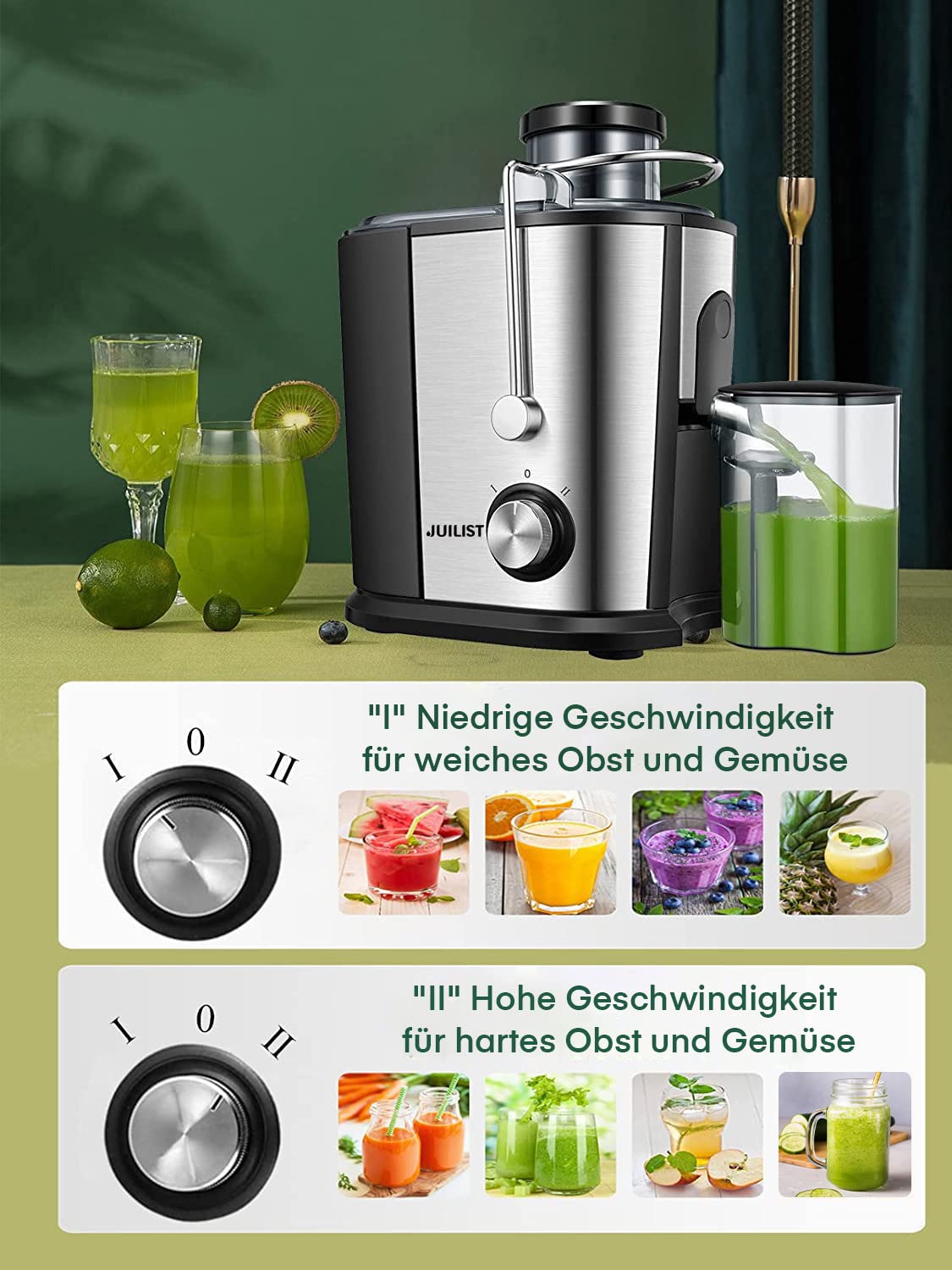 Julist Juicer for Vegetables and Fruits, Up to 800W Juicer with Large Feed Chute (65mm), 2 Speed Settings, Anti-Drip System & Anti-Slip Feet, Easy to use and clean 600W