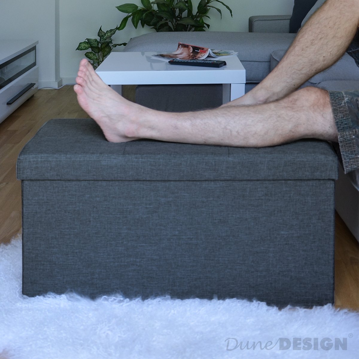 DuneDesign bench with 80L storage - 76x38x38 cm ottoman - Foldable seat chest with divider chest Dark grey