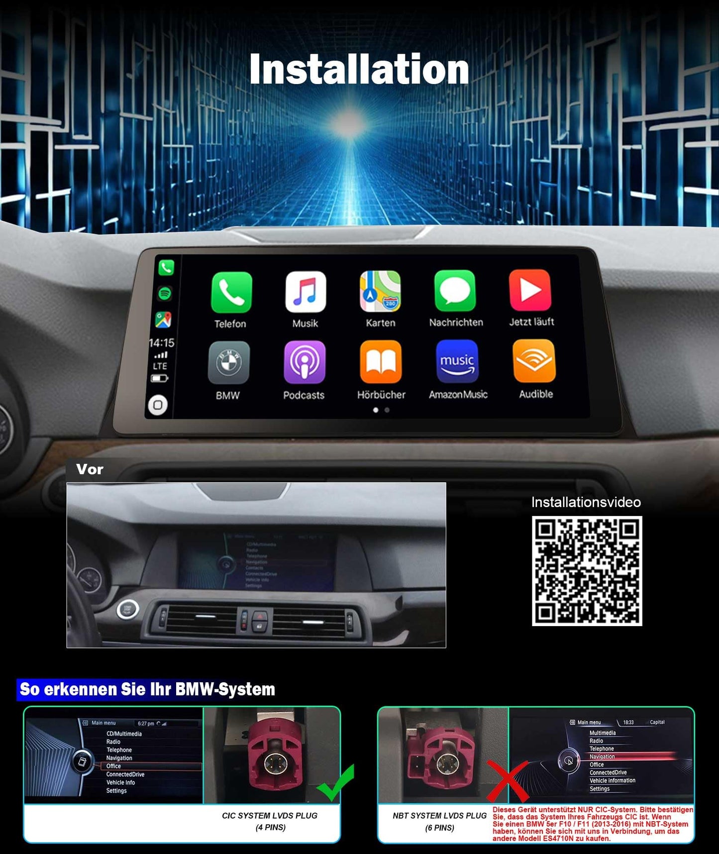 8GB+128GB Qualcomm 8 Core Android 14 DAB+ Car Stereo For BMW 5 Series F10/F11 (2010-2012) CIC with GPS Navigation CarPlay Android Auto WiFi Bluetooth 5.1 USB 4G CANbus iDrive DSP 12.3 Inch 2K IPS Screen