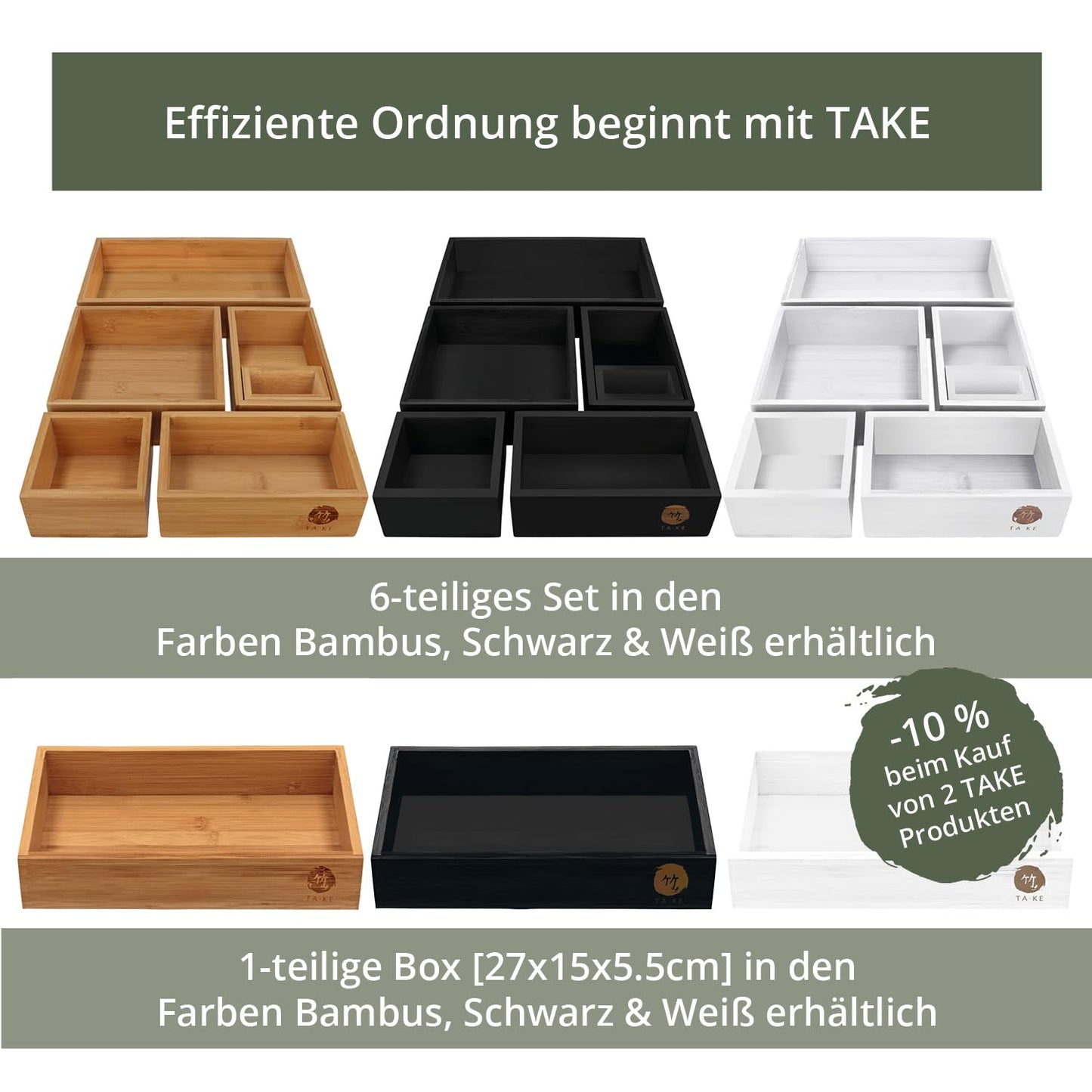TAKE® 6-piece Bamboo Drawer Organizer Set - Boxes in various sizes for kitchen, bathroom & office, vanity drawer organizer, drawer organizer