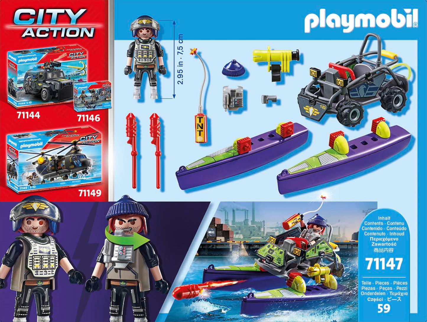PLAYMOBIL City Action 71147 SWAT Multi-Terrain Quad, convertible SWAT speedboat, toy for kids ages 5 and up.