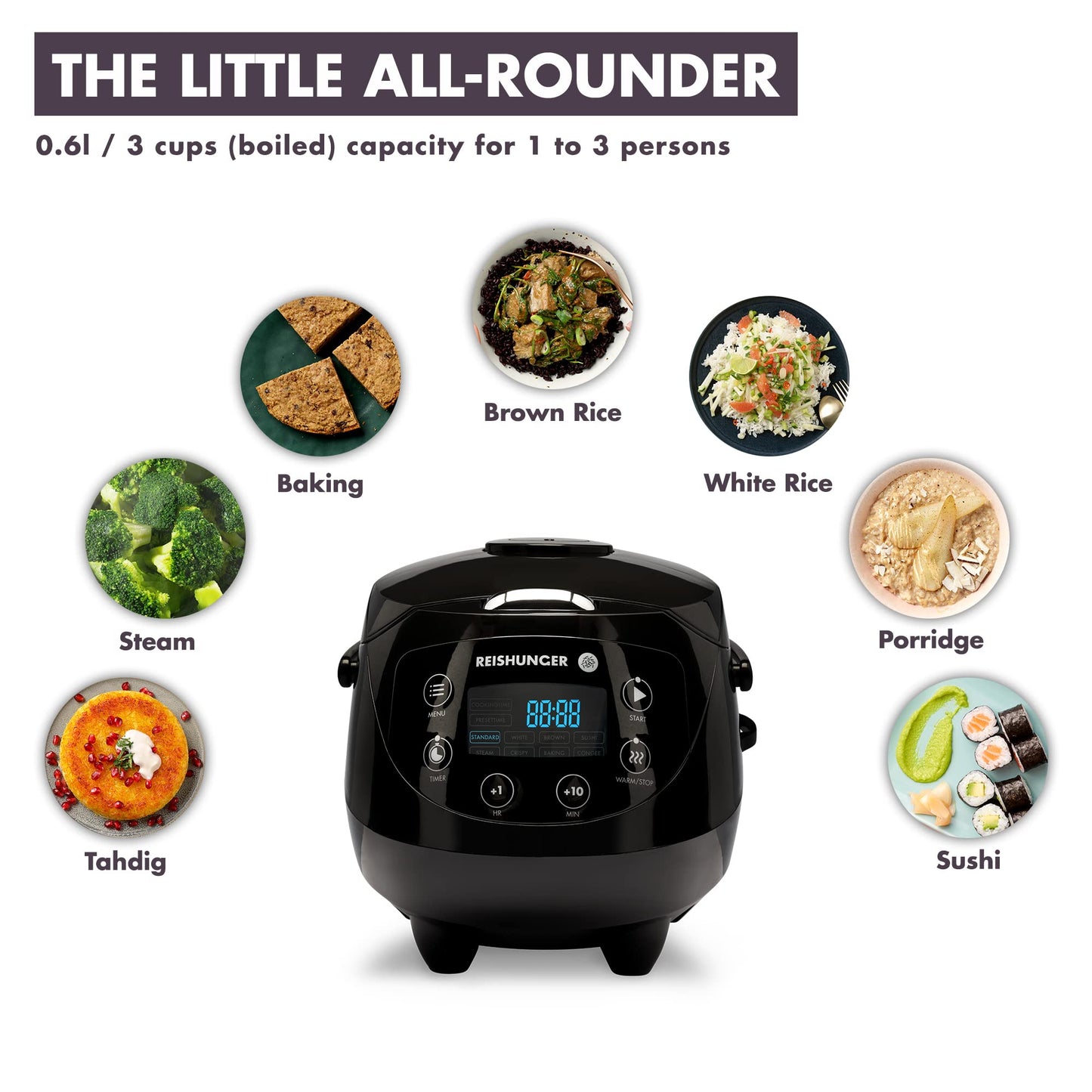 REISHUNGER Digital Rice Cooker Small, White | 0.6 L for 3 people | Keep Warm Function, Timer & Premium Pot | Small Multi-Cooker & Steamer, 8 Programs, 7-Phase Technology