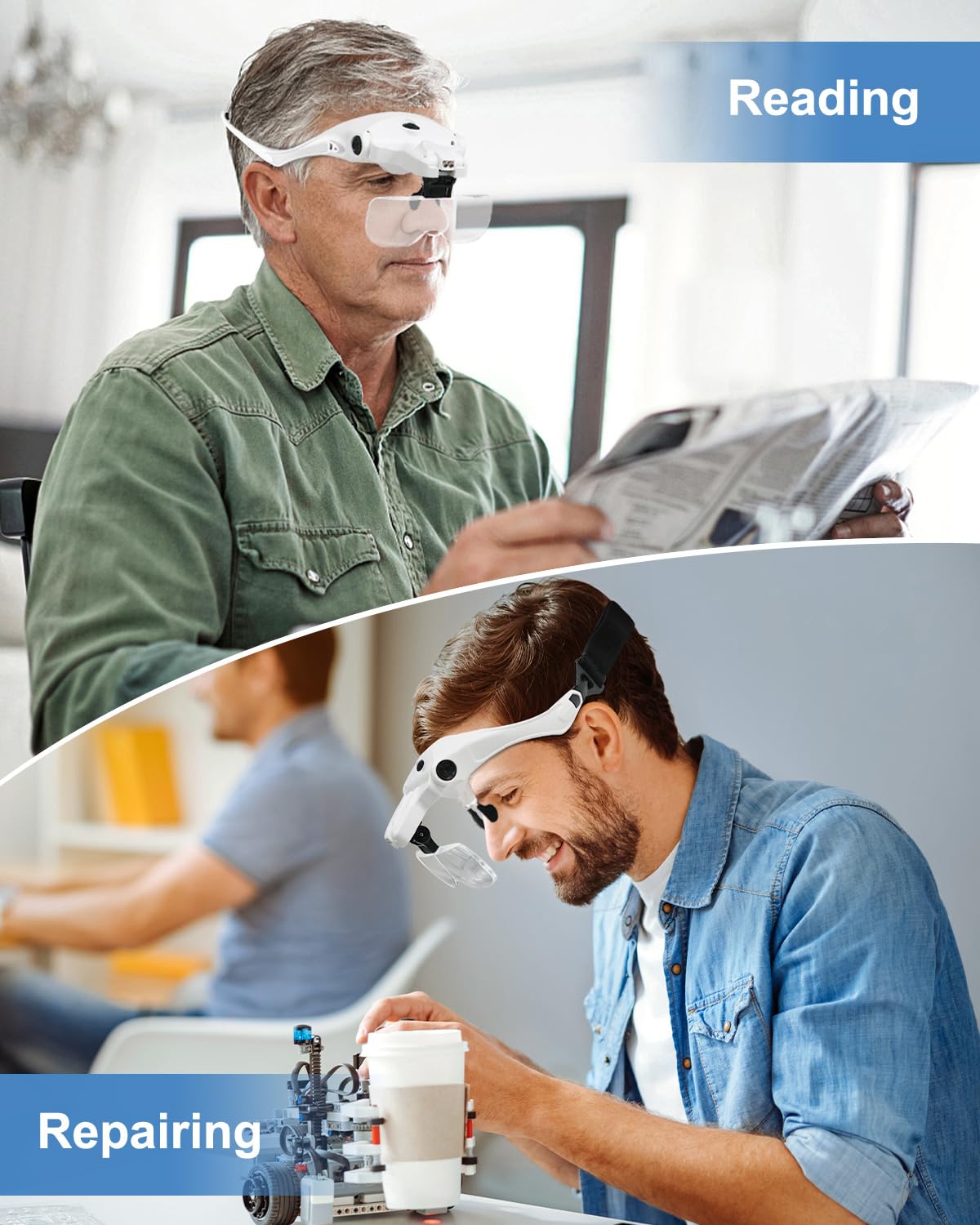 AUTOPkio LED Headband Magnifying Glass with Light, USB rechargeable, adjustable hands-free headset magnifier with 2 LED lights. Lightweight headband magnifying glasses for repairing, 5 lenses 1.0X, 1.5X, 2.0X, 2.5X, 3.5X.