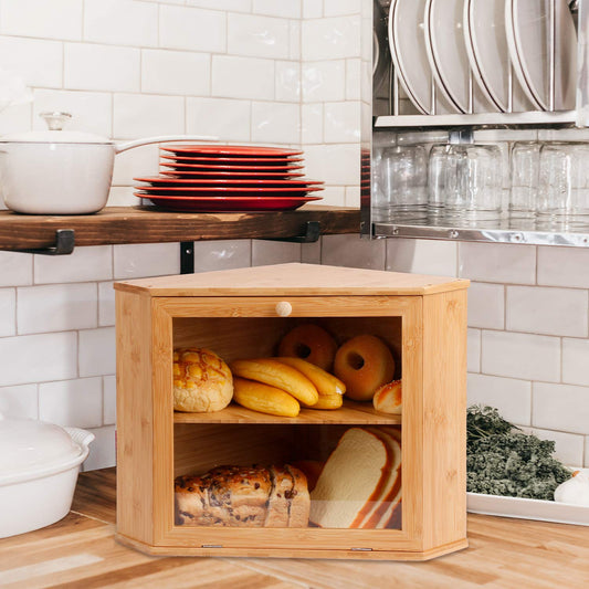 Leader Accessories bamboo bread box 2 tier bread container for corner food-safe bread storage easy to clean 32x32x34cm