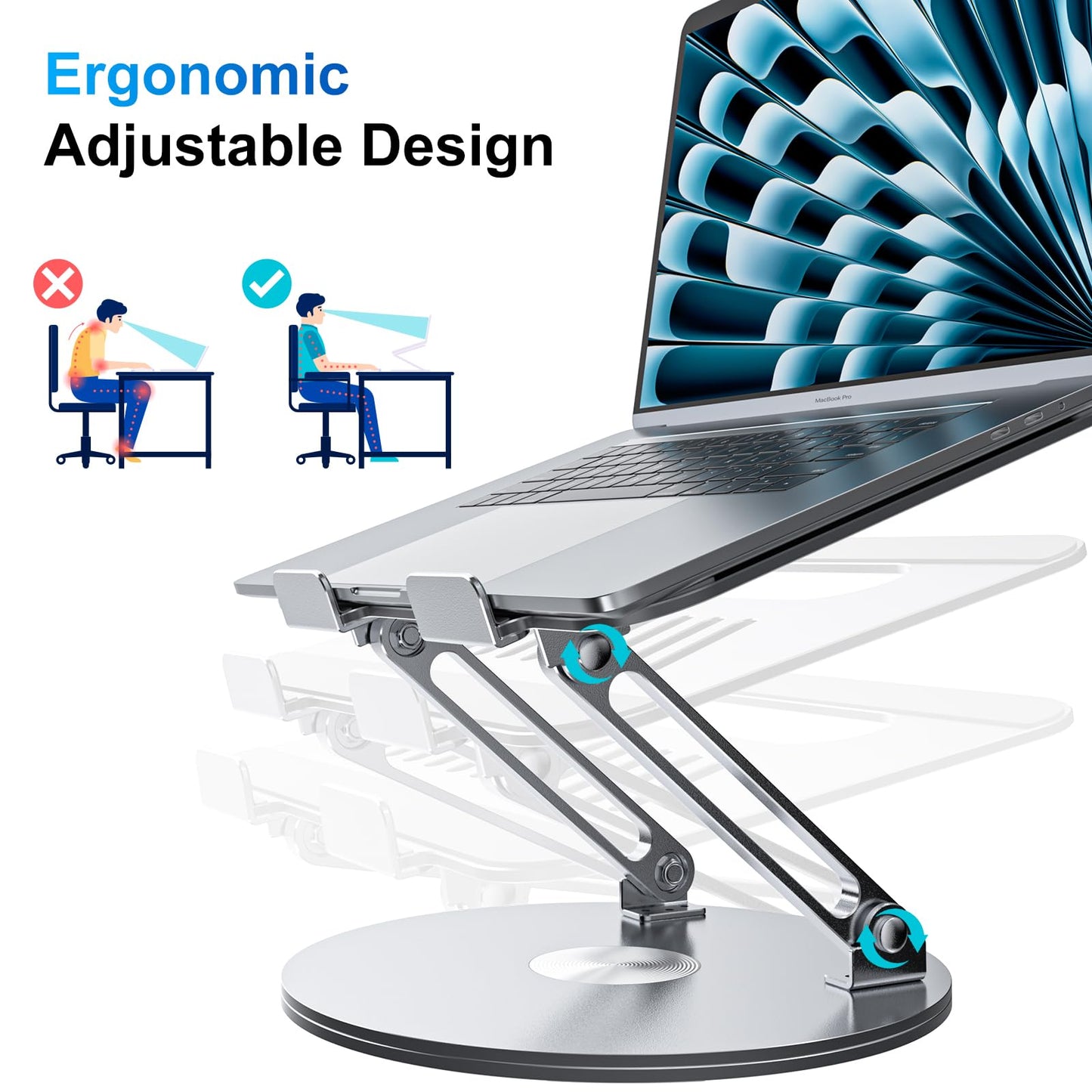 Height-adjustable, foldable laptop stand with ergonomic ventilation and 360° rotating base. Compatible with notebooks, MacBook Air/Pro, Dell, HP, and laptops ranging from 11-16".