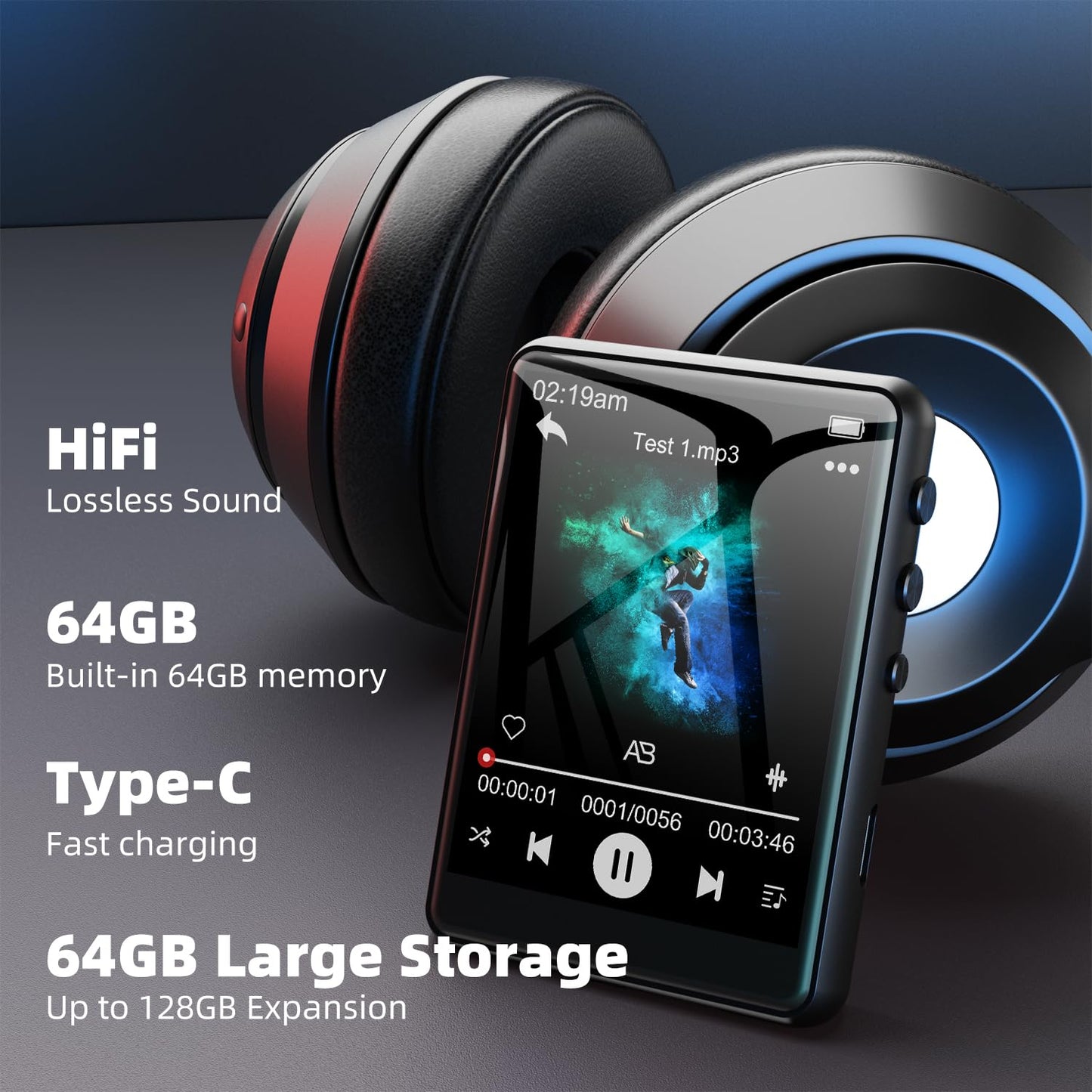 64GB MP3 Player Bluetooth 5.3 2.4" Full Touchscreen Portable MP3 Player with Speaker, Voice Recording, FM Radio, Line Recording Support 128GB Kids Mp3 Player (Black)