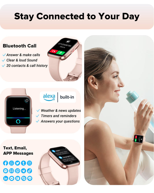 Women's smartwatch with phone function, 1.7" touchscreen pedometer watch with Alexa, 60+ sport modes, heart rate monitor, sleep monitor, SpO2, Whatsapp reminders, IP68 waterproof fitness tracker.