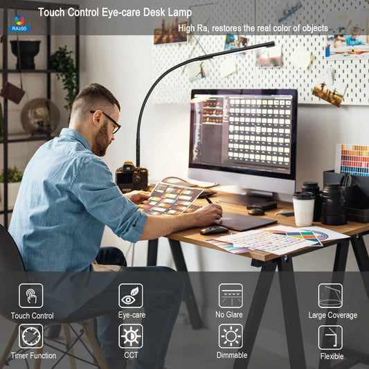 EYOCEAN LED desk lamp with remote control, adjustable gooseneck clamp light, adjustable dimming & color temperatures, touch control office desk lamp, 12W, matte black.