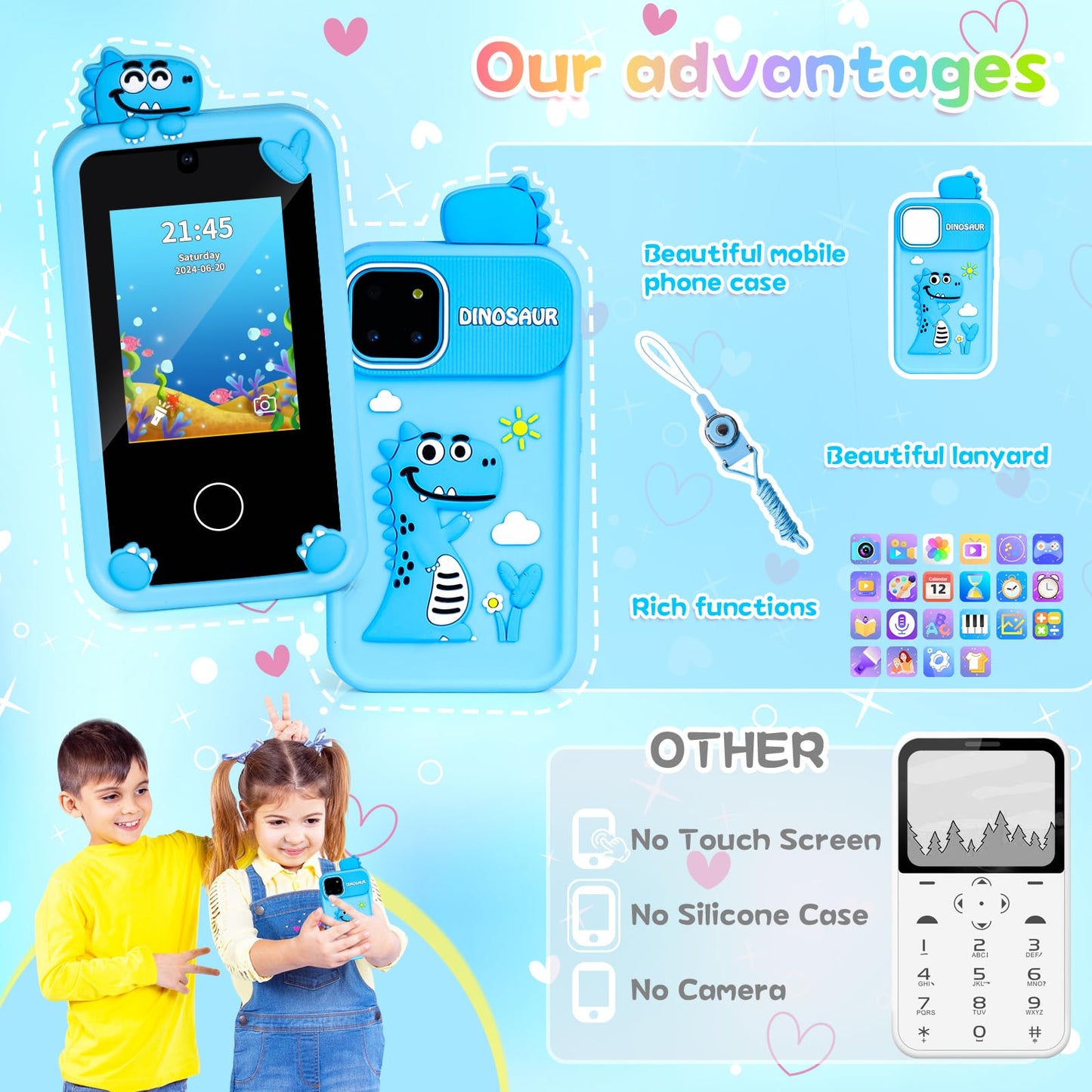 Gifts for Young Girls 6 7 8 9 Kids Phone: Boy Toy 6-10 Years Kids Smartphone 7 8 9 10 Years for Girls Children's Toy Gift Boy 10 11 12 Years Blue Smartphone for Kids