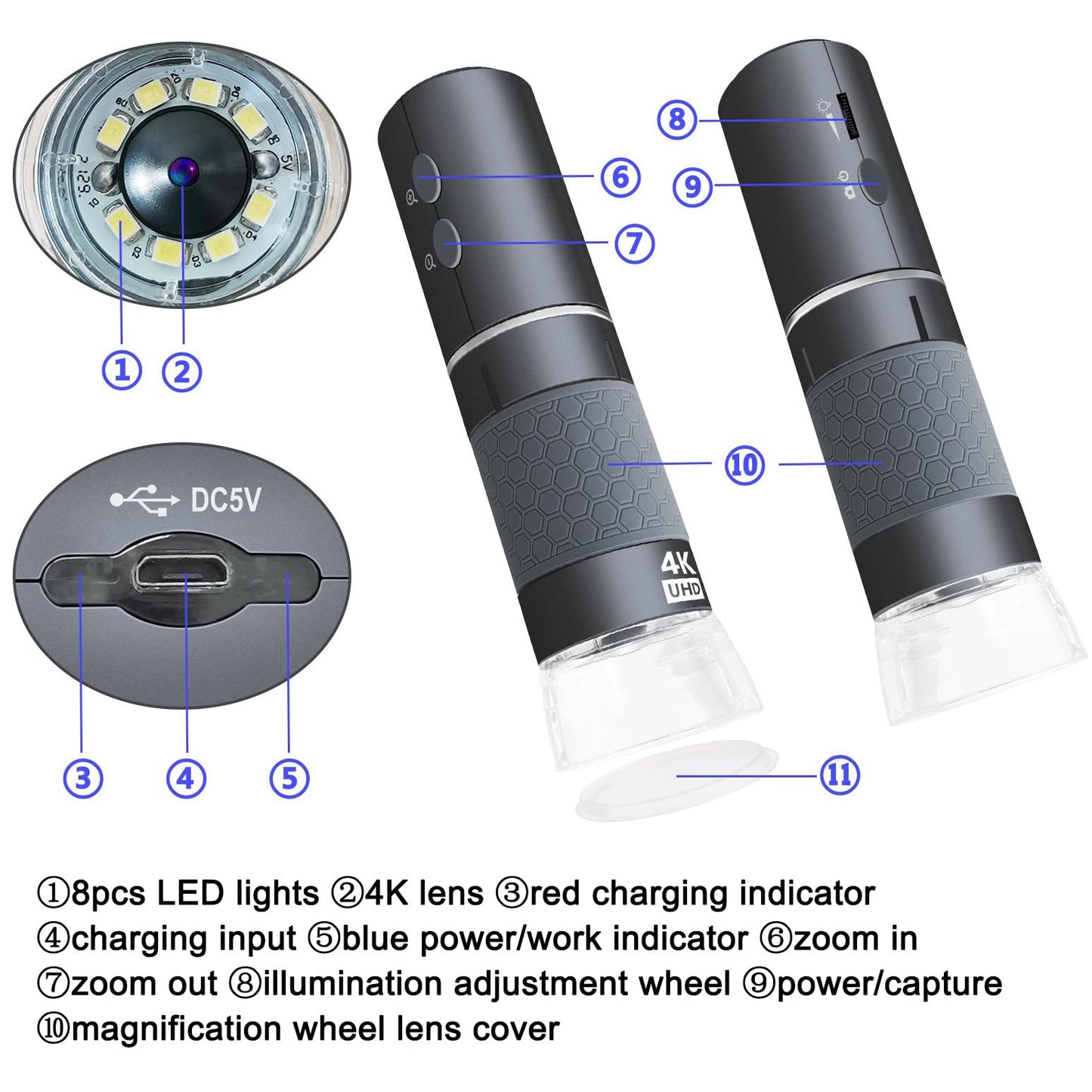 Jiusion WiFi USB Digital Microscope, 50 to 1000X Wireless Magnification Endoscope 4K 3840 x 2160P Camera 8 LEDs with Metal Stand for iPhone iPad Android Mac Windows Linux Chrome