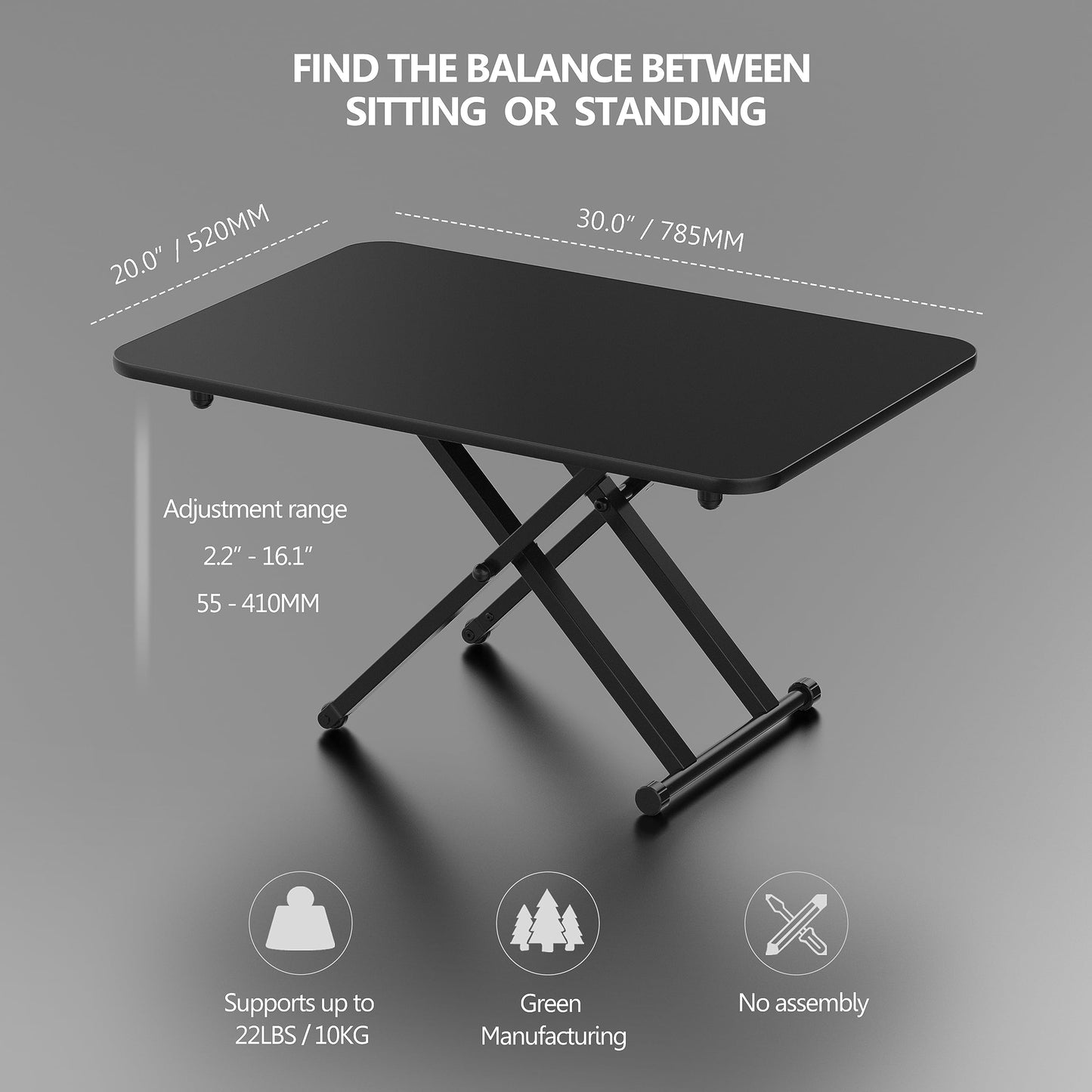 KD Essentials - Desk standing desk converter, 5.5-41 cm height adjustable table to work standing up, extra wide (ergonomic standing desk with 10 kg weight capacity for large laptops/monitors, black)