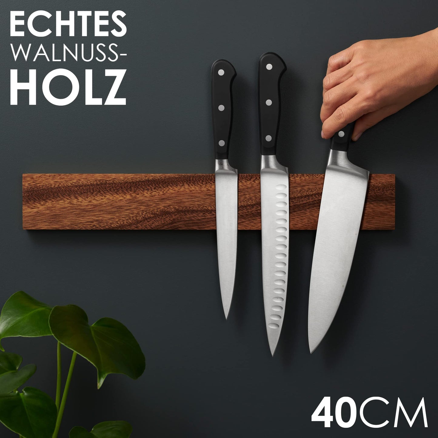 LARHN magnetic knife strip made of walnut wood with extra strong magnet - 40 cm - magnetic wood knife holder for utensils and tools - knives not included.