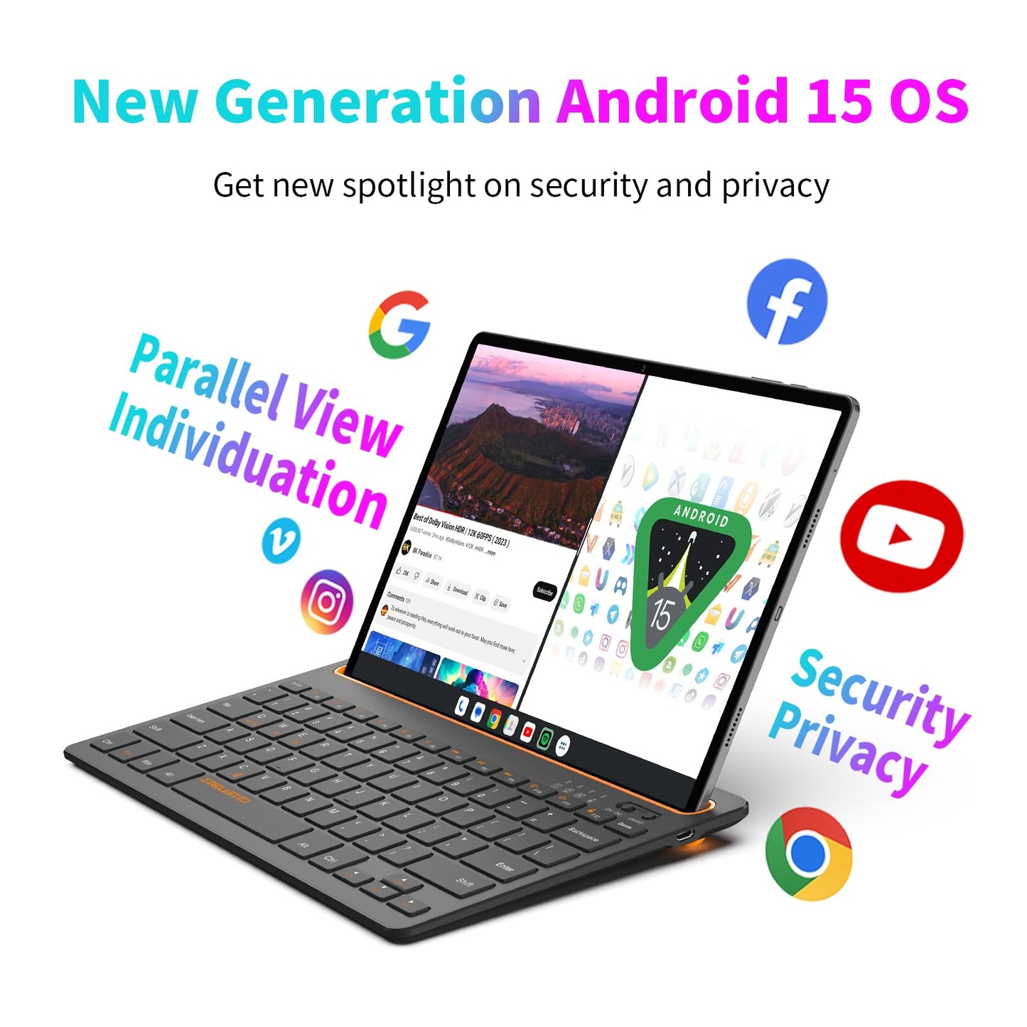 TECLAST T65 MAX 13-inch Android tablet with Helio G99 for gaming, 20GB RAM+256GB ROM (expandable to 2TB). Features 10000mAh battery, Widevine L1, 4G LTE SIM + 5G WiFi, GPS/GMS, 13MP+8MP cameras, and BT5.0. Large display for immersive experience.