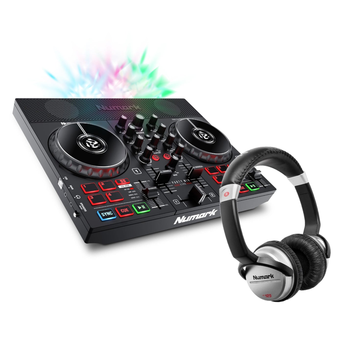 Numark Party Mix Live + HF 125 - DJ Controller set with built-in speakers, light show, mixer, and DJ headphones.