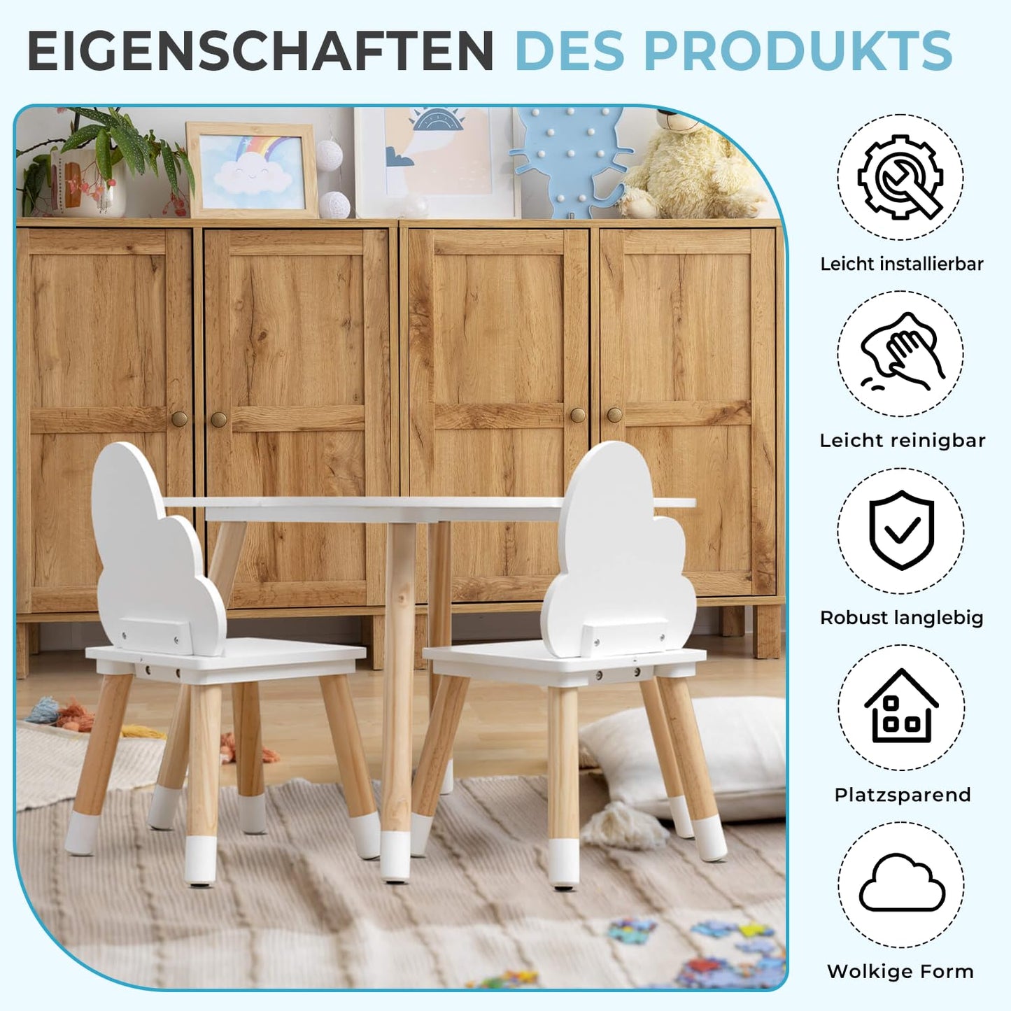 Rebecca Mobili Children's Table and Chairs Set, Chairs and Table for Kids' Room Furniture Light Brown White, MDF, Nordic Style - Size: 44 x 60 x 60 cm / 50 x 25 x 25 cm - Art. RE6733
