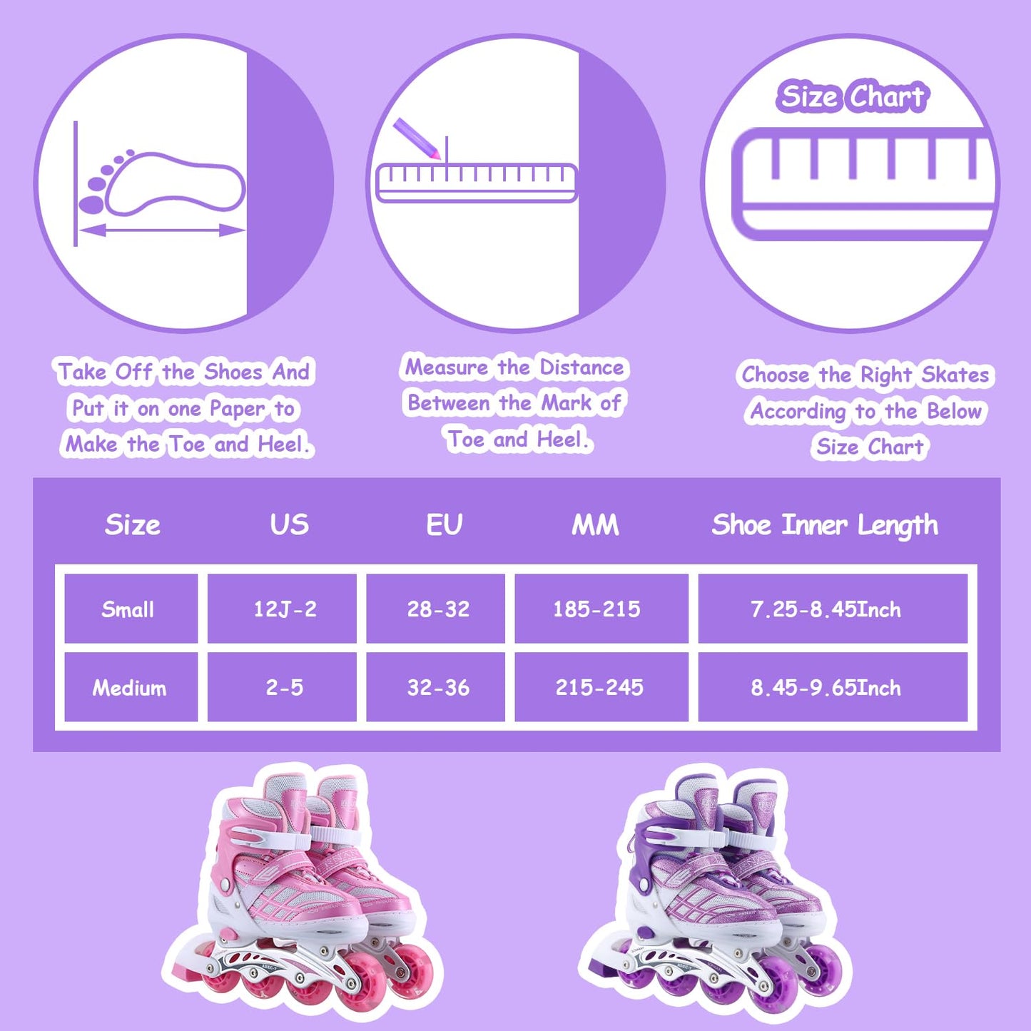 Girls' adjustable 4-size inline skates with all glowing wheels for kids girls (Purple, S (EU28-32))
