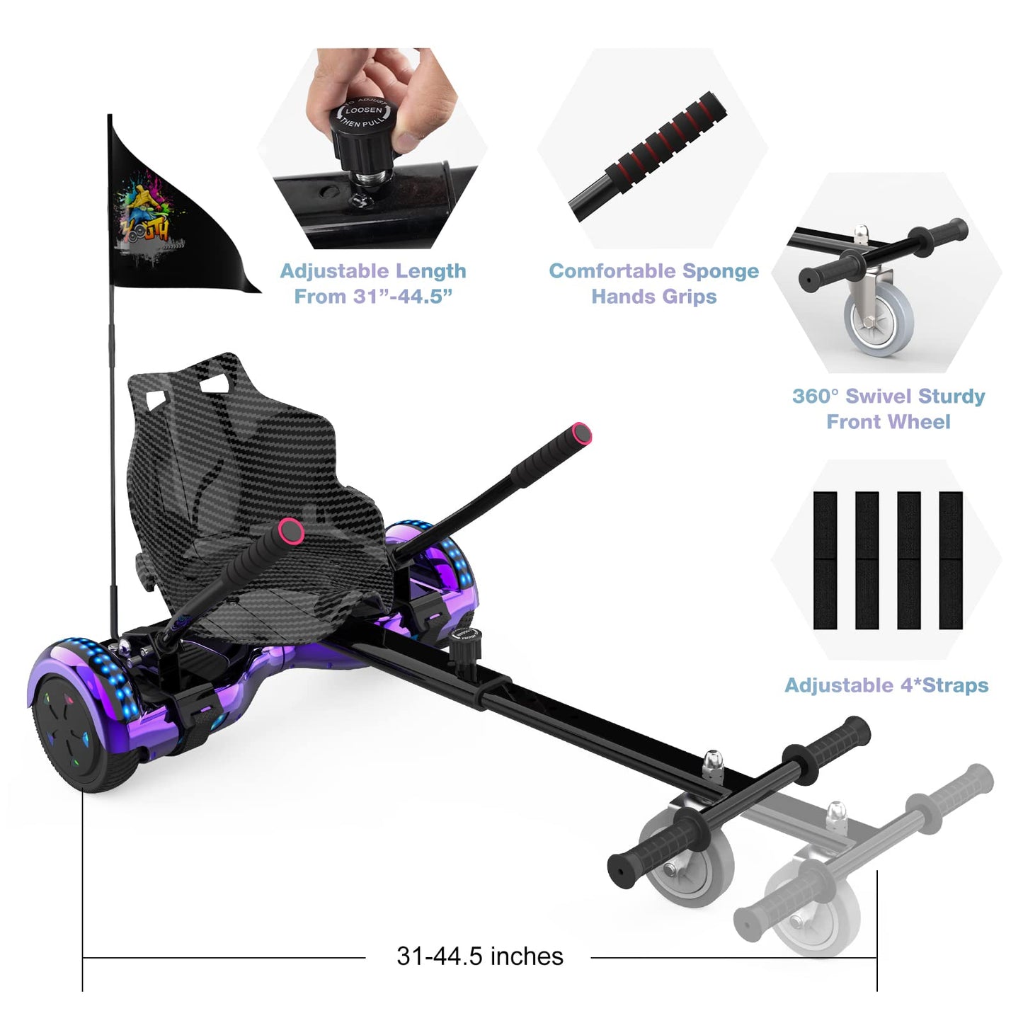 RCB Hoverboard with Seat and Hoverkart Set 6.5 inch hoverboards for kids, Hoverboards with Bluetooth and LED lights, Go-Kart Solid Seat, Gift for Kids