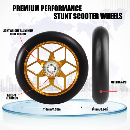 Stunt scooter wheels 110mm, stunt scooter tires 110mm, 110mm scooter wheels gold, stunt scooter wheels gold, 2 pieces freestyle scooter replacement wheels 110mm for chilli Cox Fuzion freestyle.