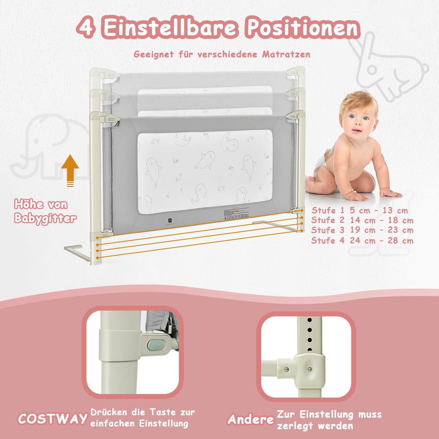 COSTWAY bed rail adjustable in height, bed guardrail with connecting accessories, baby bed rail, children's bed rail, fall protection for double, queen, and king-size bed (200cm)