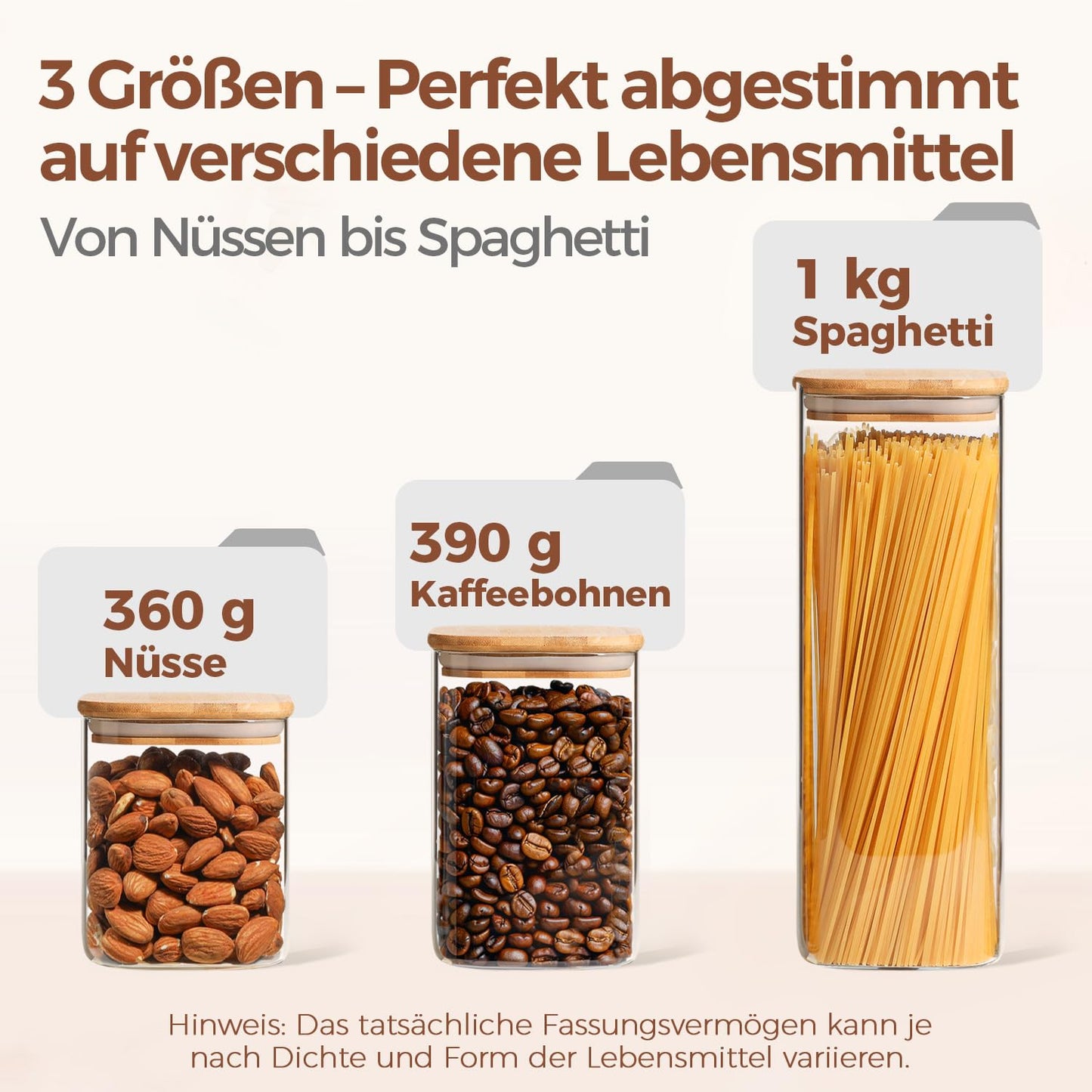 ComSaf 800ml/1100ml/2100ml Glass Food Storage Containers with Lid 3-Pack, Φ10cm. Airtight glass jars with lids for kitchen ingredients. Square glass containers for pasta, flour, cereal, sugar.