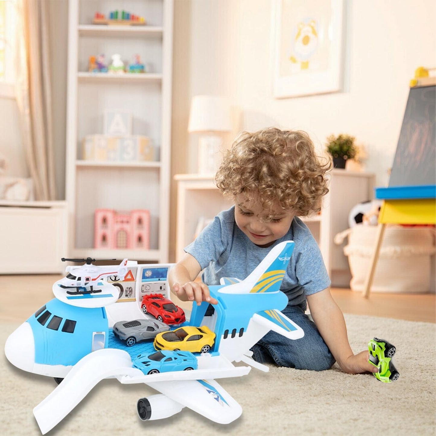 Chinliengu Toy Airplane with 5 Cars & Helicopter Big Airport Set without battery for ages 3+ Learning toy for parent-child, Durable transport toys (Safe gift)