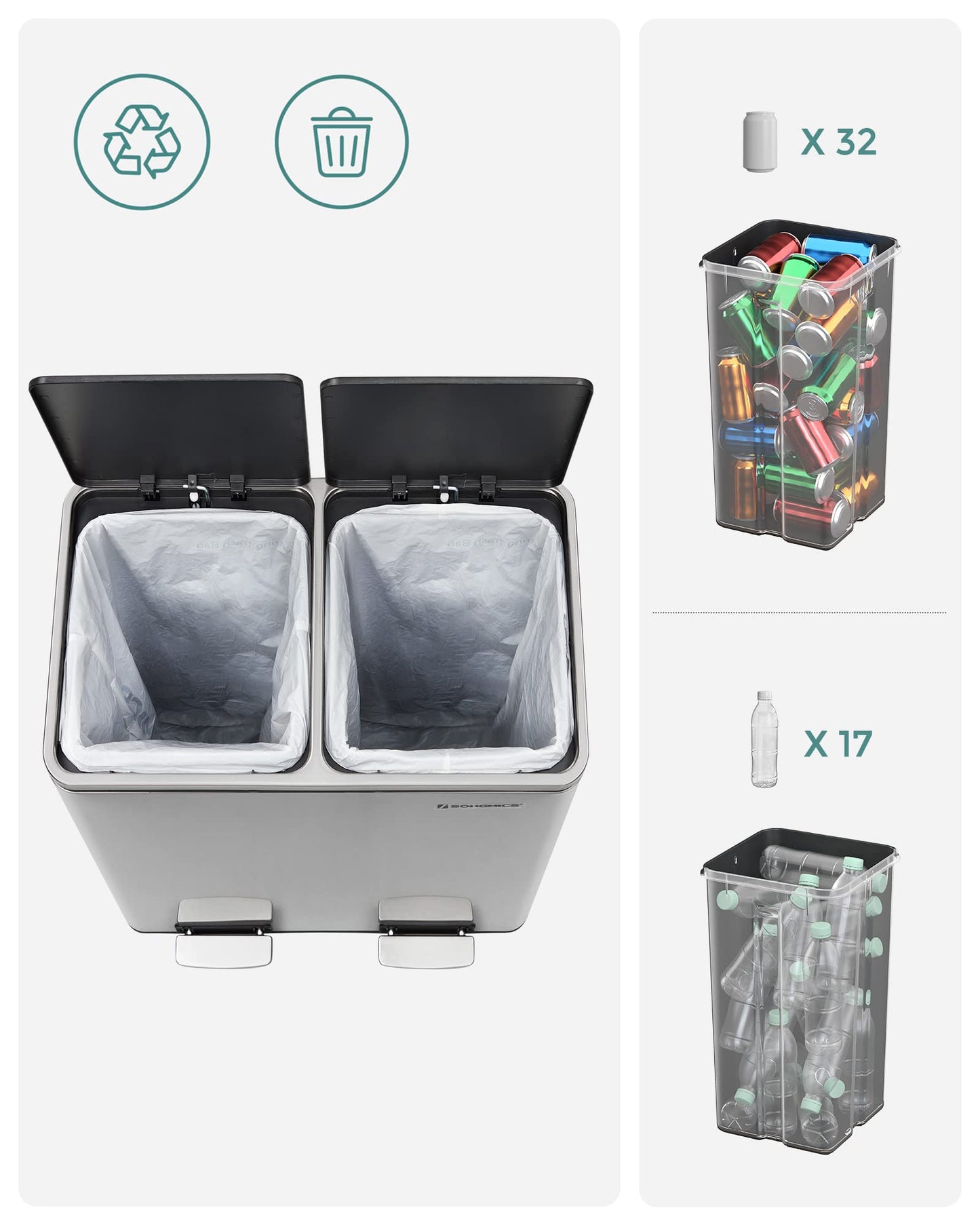 SONGMICS Trash Can, Waste Bin, Recycling System with 2 Compartments, Step Trash Can for Kitchen, 2 x 24L, Softclose, Plastic Inner Buckets, with Foot Pedals and Handles, Silver LTB48NL