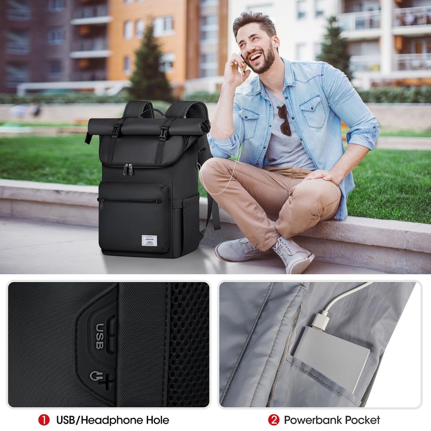 Lubardy Rolltop Backpack Men Women Waterproof Laptop Backpack 17.3 Inch School Backpack Daypacks for College Work Travel Leisure