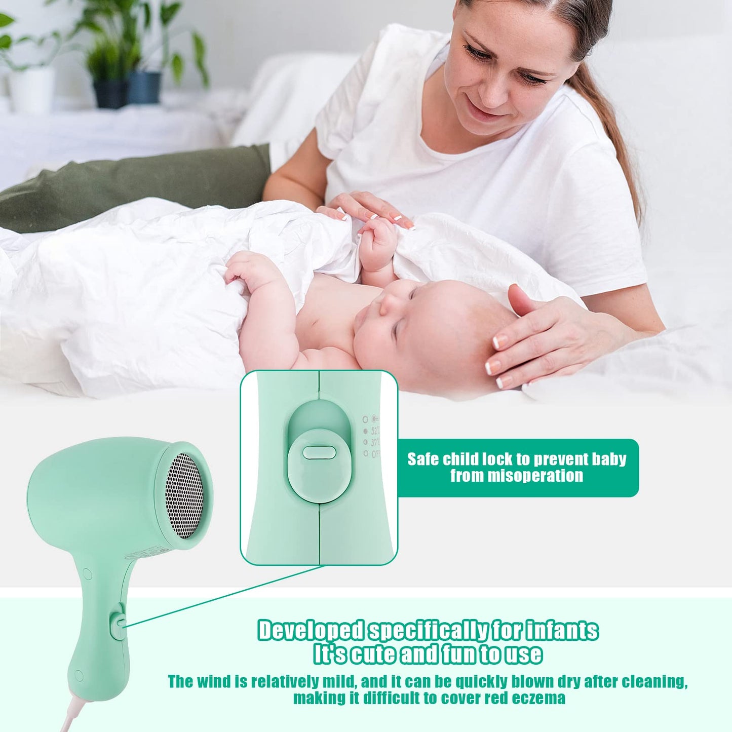Lotvic Children's Hair Dryer, 550W Mini Hairdryer for Girls, Kids Hair Dryer with 3 Temperatures, Travel Hairdryer for Kids, Cute Mini Hair Dryer, Lightweight and Durable, Soft Touch Casing (Green)