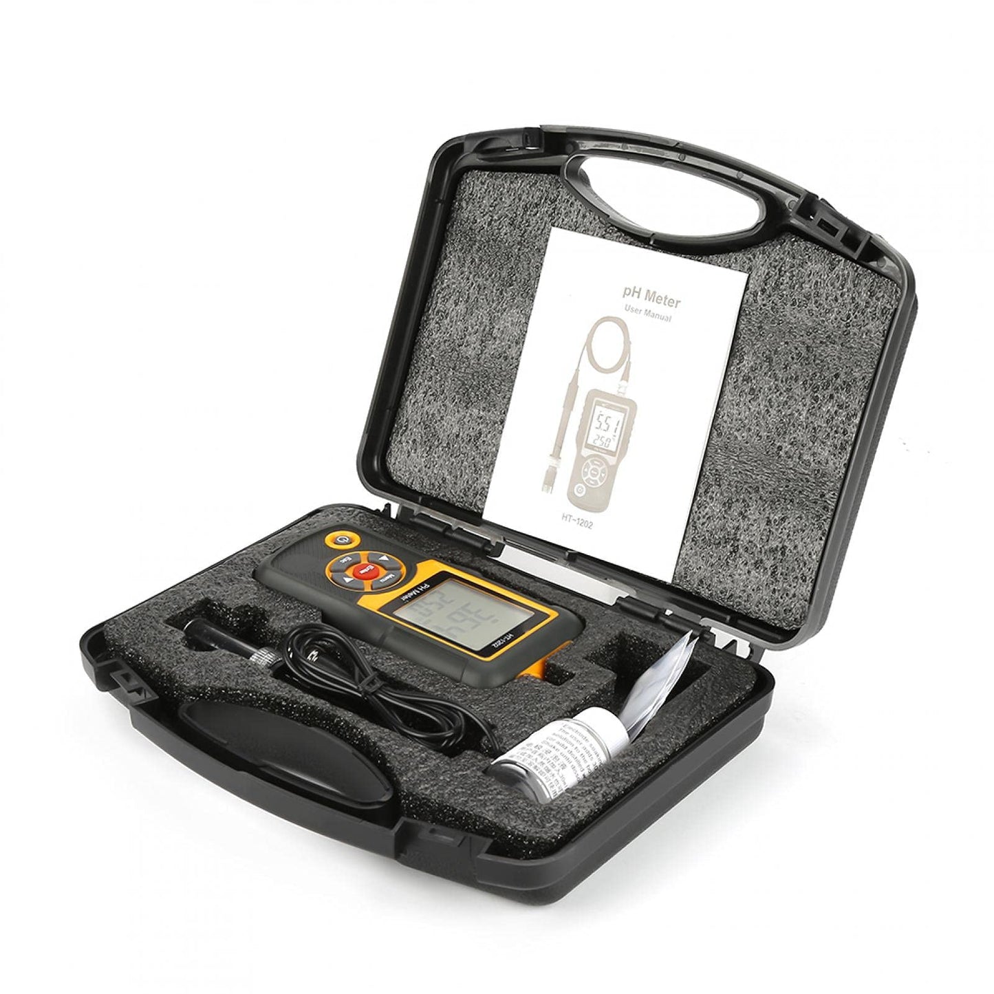 Digital PH meter HT-1202 0.05 pH High-precision water quality tester, PH mV tester temperature meter 0~14 PH with black housing for water sources, schools, laboratories, pharmacies.
