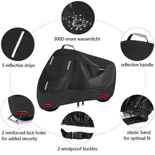 Motorcycle Cover Outdoor 300D Motorbike Cover Scooter Cover Waterproof Moped Garage with 5 Reflective Stripes and 2 Lock Holes, 2 Windproof Buckles, and 1 Pocket (XXL: 240x90x125cm)