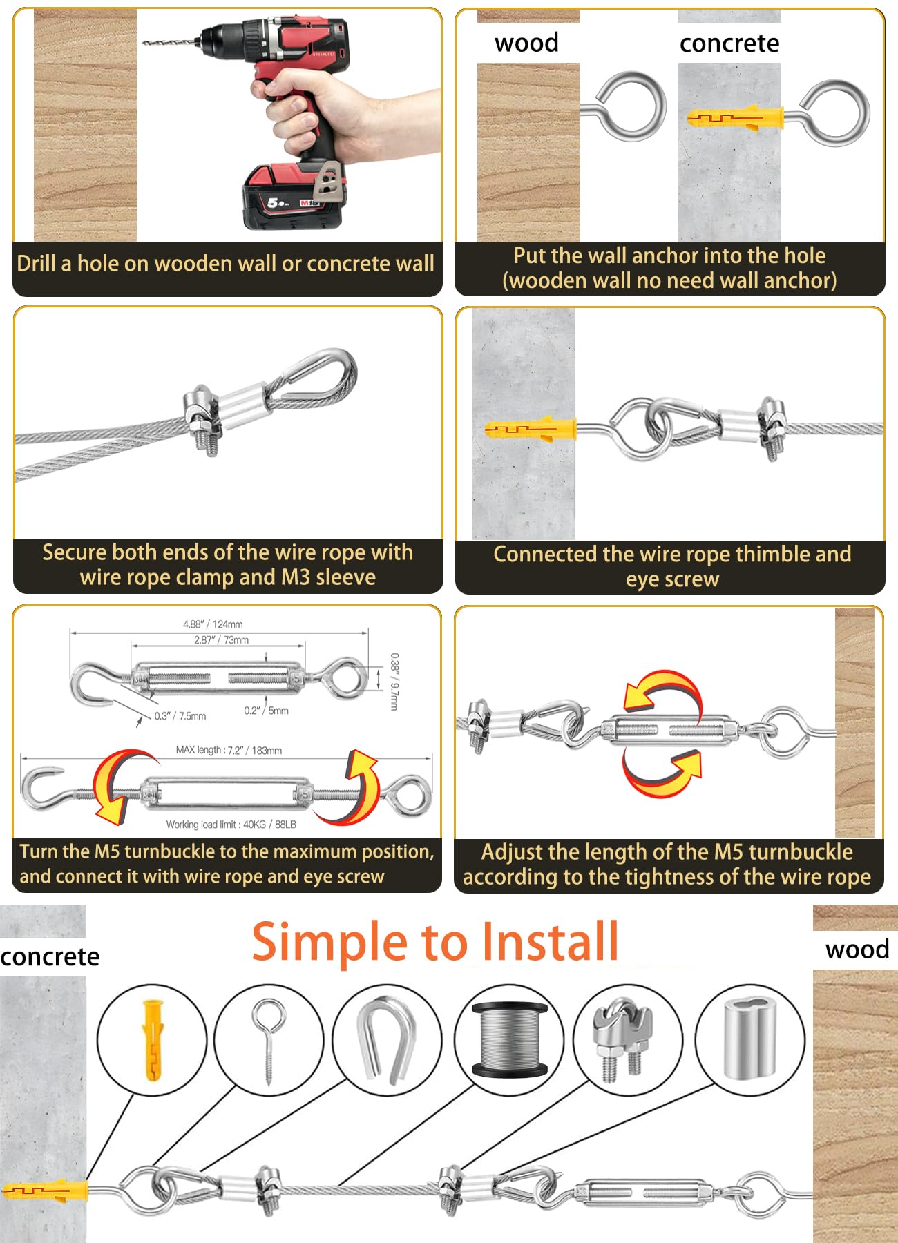 20m stainless steel rope 3mm coated + M5 tensioning system with eye hook | Weatherproof wire rope for plant climbers, decoration & laundry drying (3mm 20m stainless steel rope)