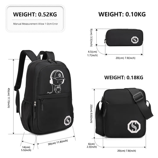 KONO Luminous School Backpack 3-in-1 Set, Anime Boys School Bag Shoulder Bag Pencil Case, 15.6" Laptop Backpack for Student Teenage Girls (Black)