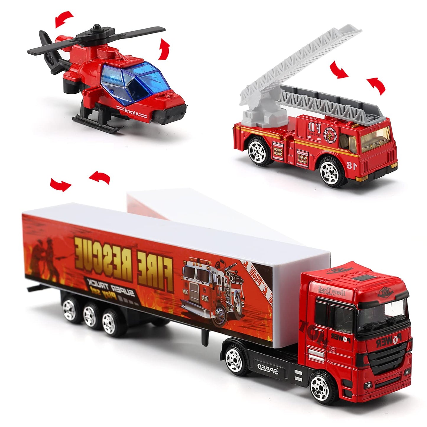19-in-1 Fire Truck Set, Fire Department Toy Fire Trucks in Truck with 9 Figures for Kids 3+ Years Old