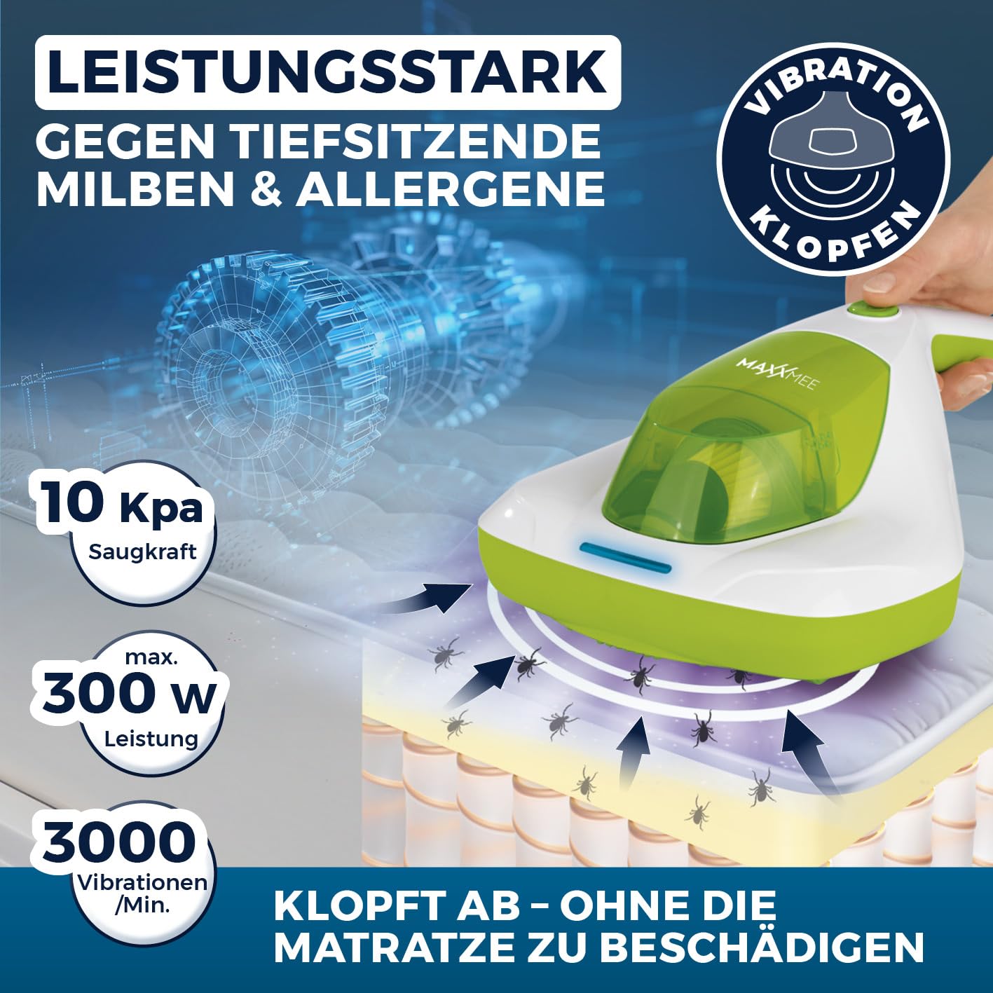 MAXXMEE mite vacuum cleaner | UV-C light & EPA-11 filter | mattress handheld vacuum, anti-mite mattress cleaner for allergy sufferers | destroys 99.9% of all mites, bacteria & bed bugs.