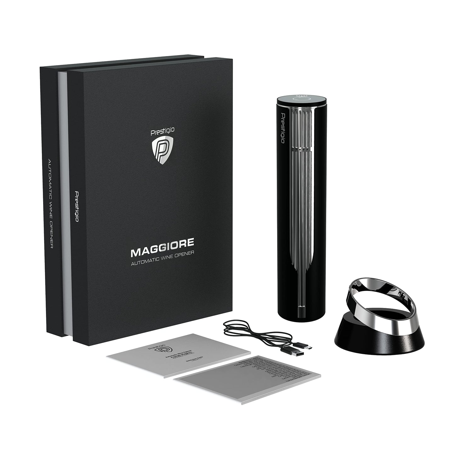 Prestigio Maggiore Corkscrew Electric - Premium Wine Bottle Opener with Charging Station - Built-in Foil Cutter - Packaged in high-quality gift box - Black/Silver
