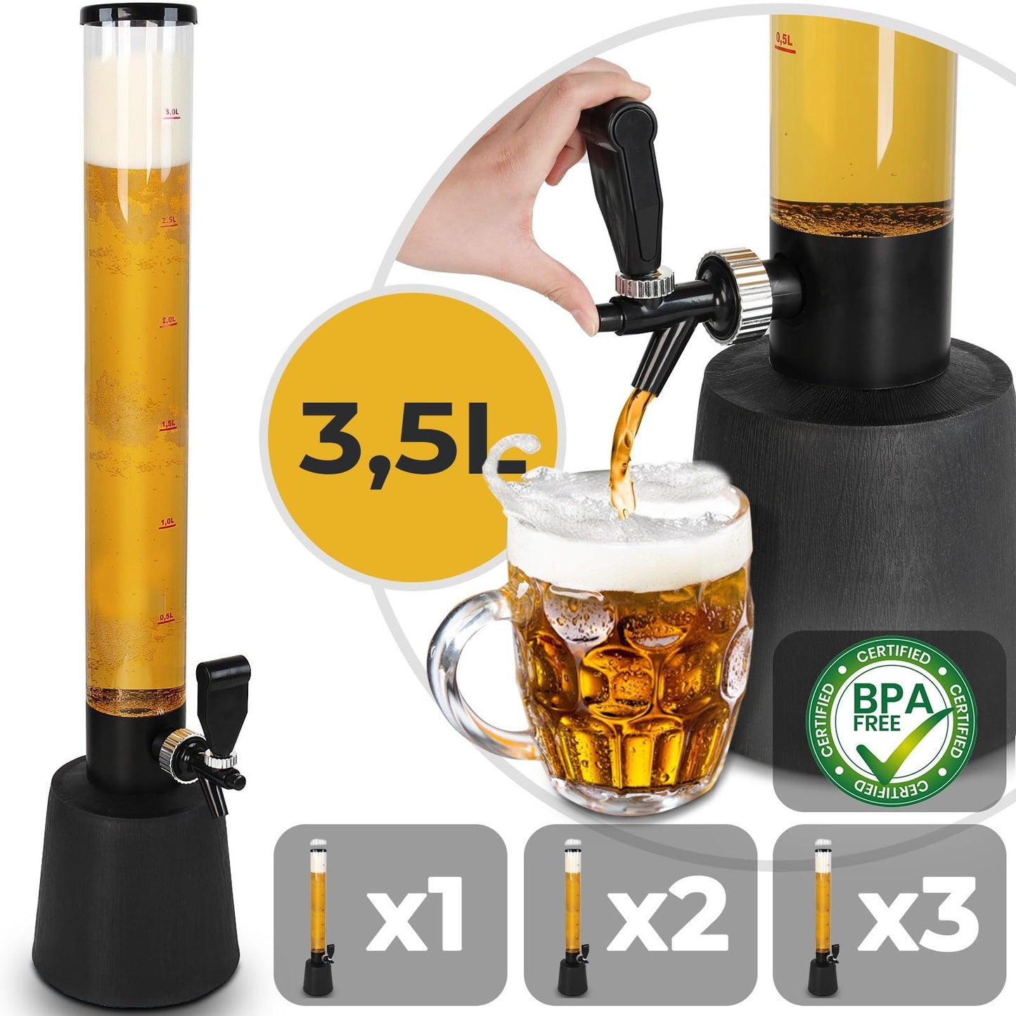 Jago® Beer tower with tap - 3.5L, 90cm tall, level indicator, stand, BPA-free, LFGB standard, various set options - beer tower, beverage tower, drink tower, beer dispenser, beverage dispenser, tap tower