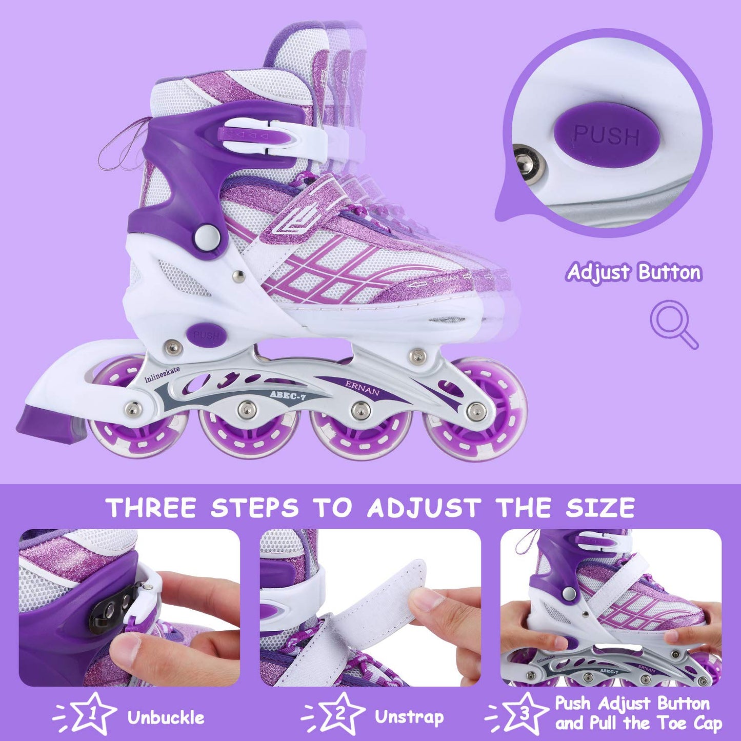 Girls' adjustable 4-size inline skates with all glowing wheels for kids girls (Purple, S (EU28-32))
