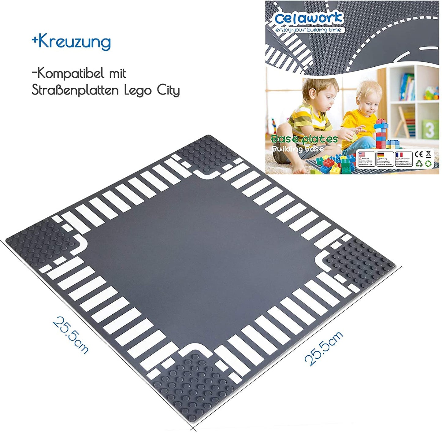 Celawork building plates for roads, cities, road tiles, classic bricks, compatible with most popular brands. 25.5 * 25.5cm plate set for creative play, educational toy.