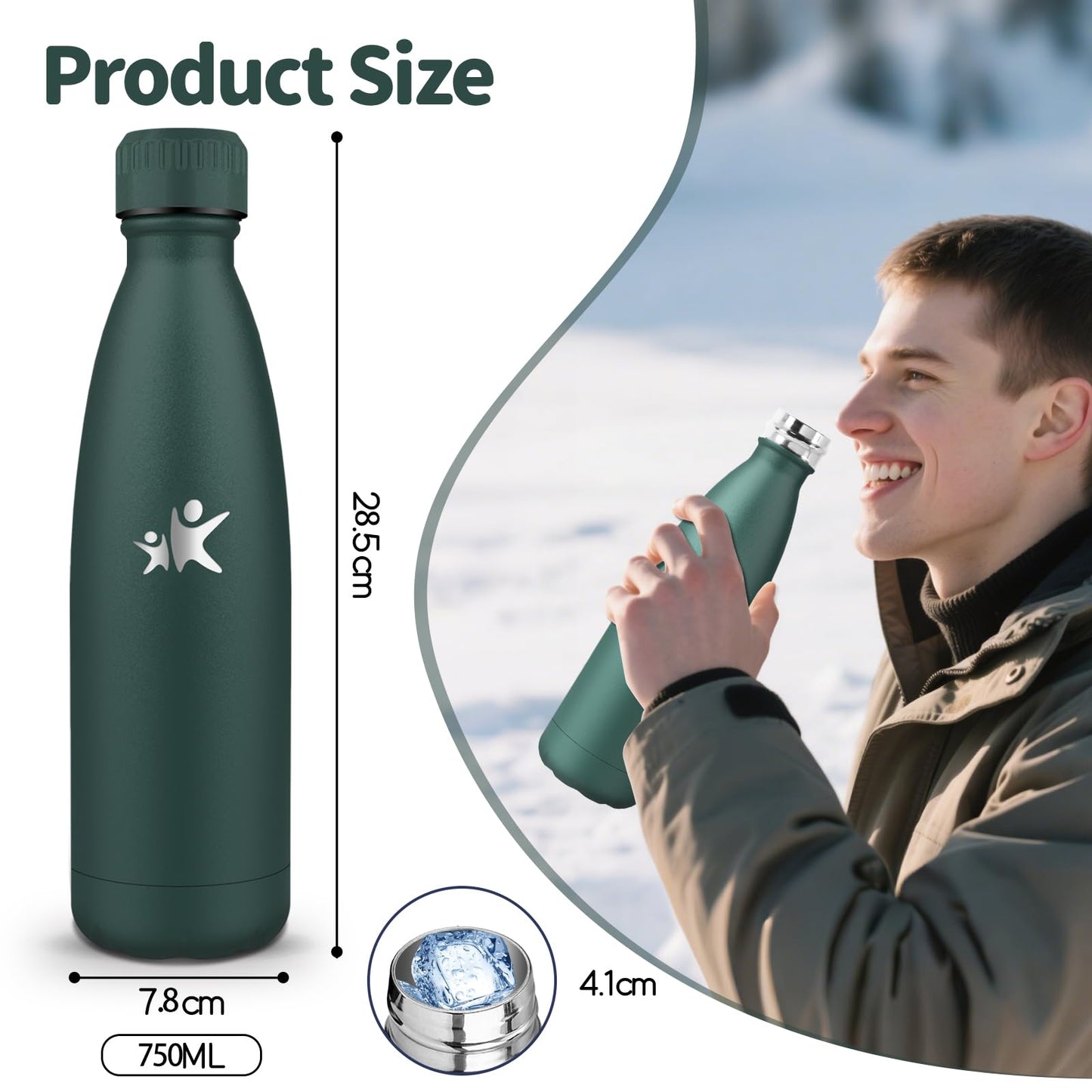 HoneyHolly Stainless Steel Water Bottle - 750ml - Thermos Bottle, BPA-Free, Sports Water Bottle - Leakproof, Water Bottle Suitable for Carbonated Drinks, Thermos Flask for Fitness, Gym, Bike