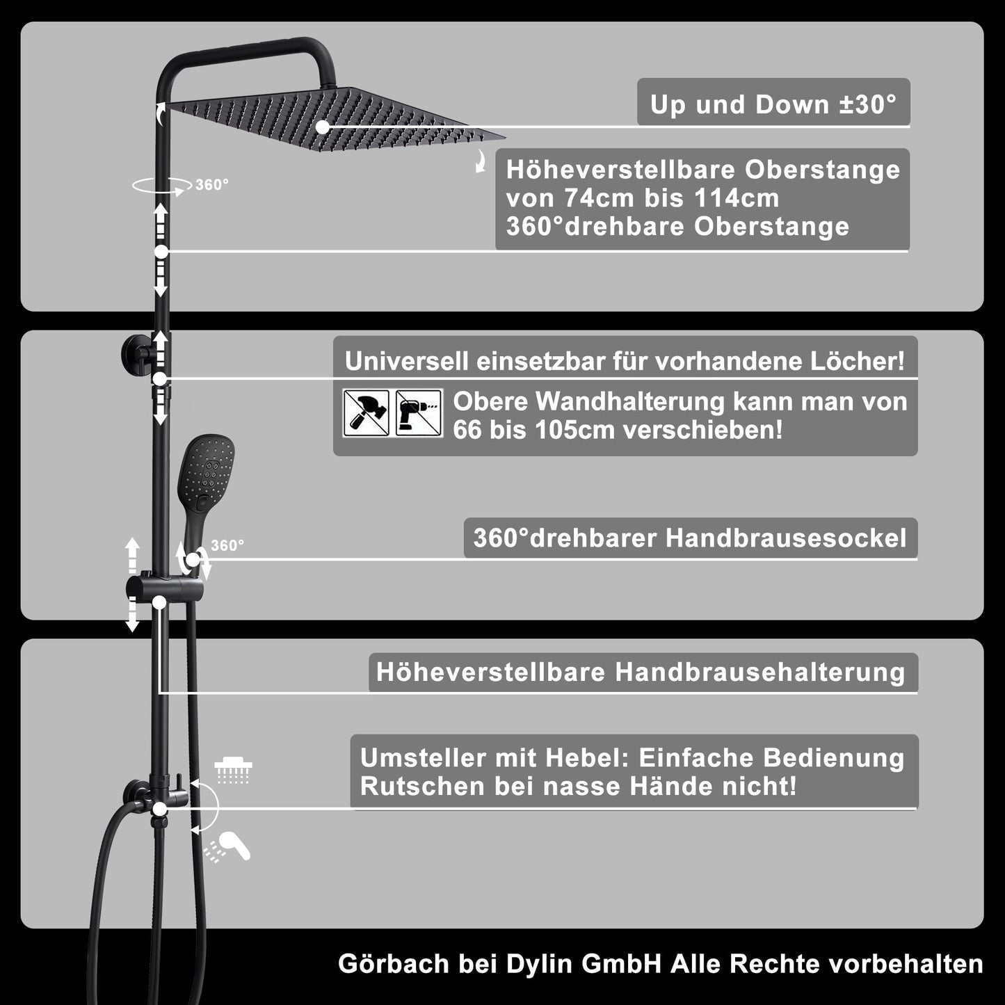 JOHO Rain Shower Shower System without Fittings, Stainless Steel Shower Set with 20x20cm Black Shower Head