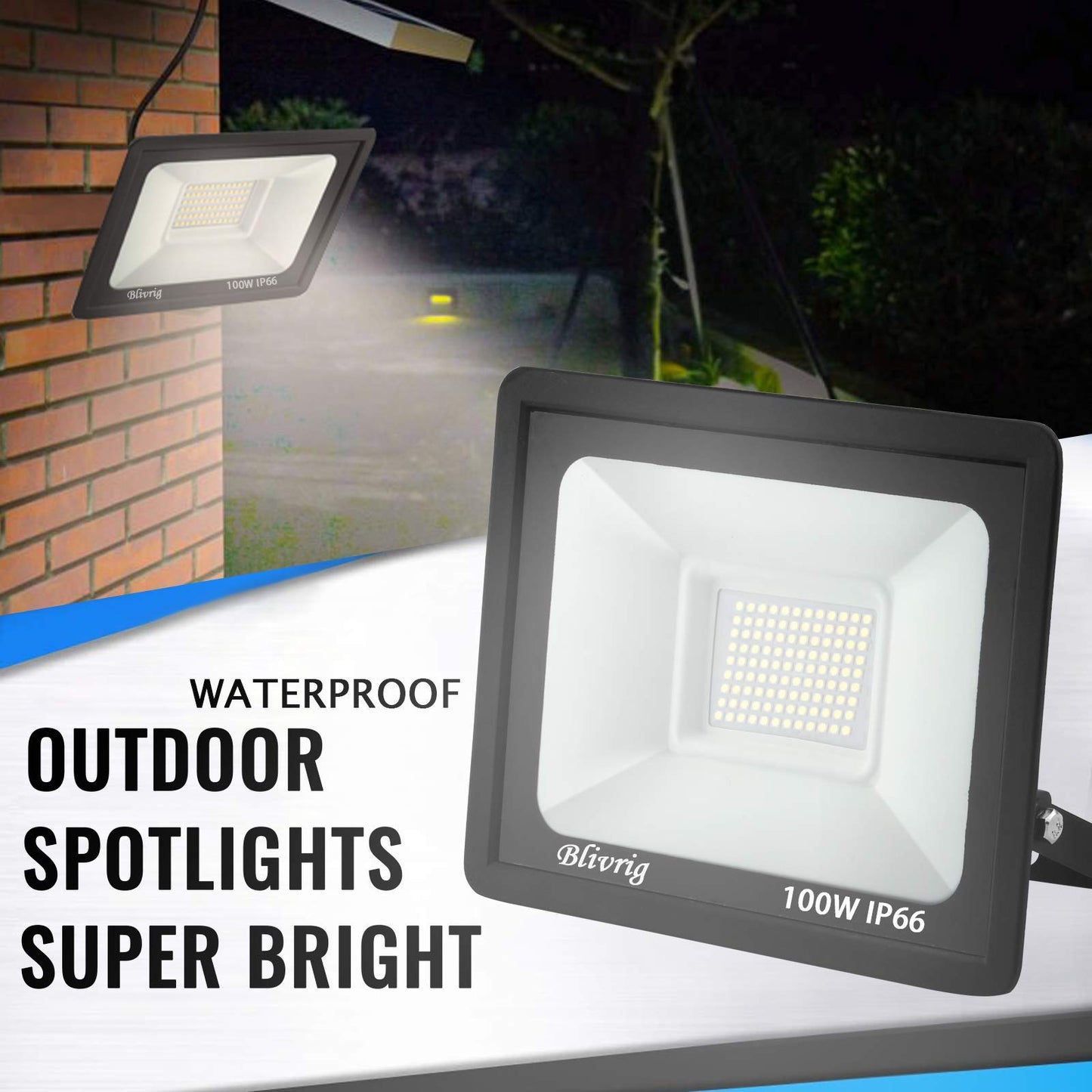 100W LED Floodlight Outdoor Cold White 6500K, 10000LM Super Bright Exterior Spotlight, IP66 Waterproof Floodlight, Outdoor Lamp for Gardens, Courtyards, Garage, Hotel