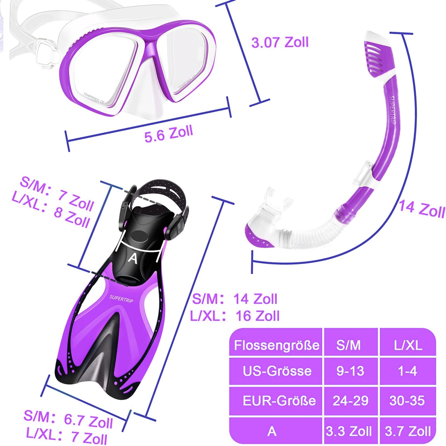 Supertrip Kids Snorkel Set 3-piece, Snorkeling Set with Fins, Dive Mask with Tempered Glass, Adjustable Swim Fins, Premium Dry Snorkel for Children Junior