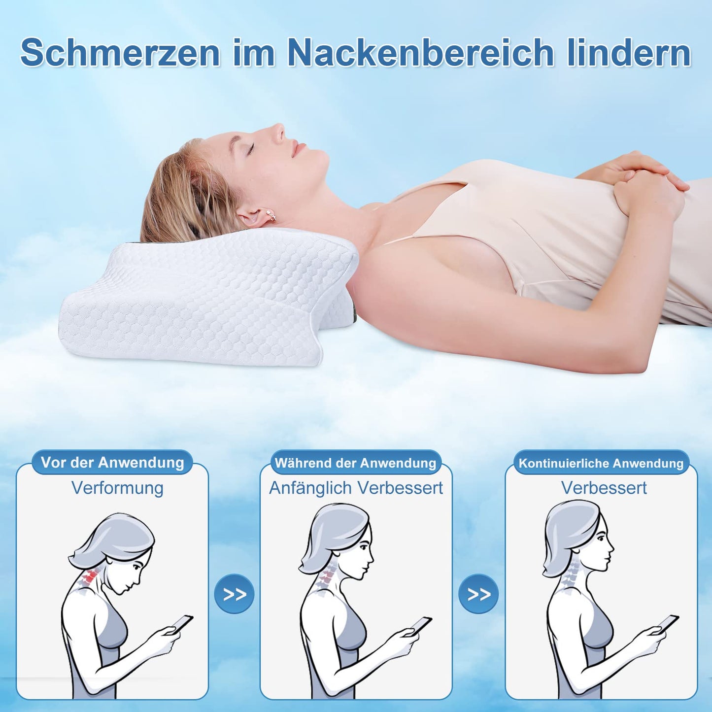 SAHEYER Ergonomic Neck Pillow, Memory Foam Head Pillow Side Sleeper Pillow Orthopedic Neck Support Pillow, 60 x 35.5 x 10/13CM Comfort Sleeping Pillow for Neck-Shoulder Pain Relief