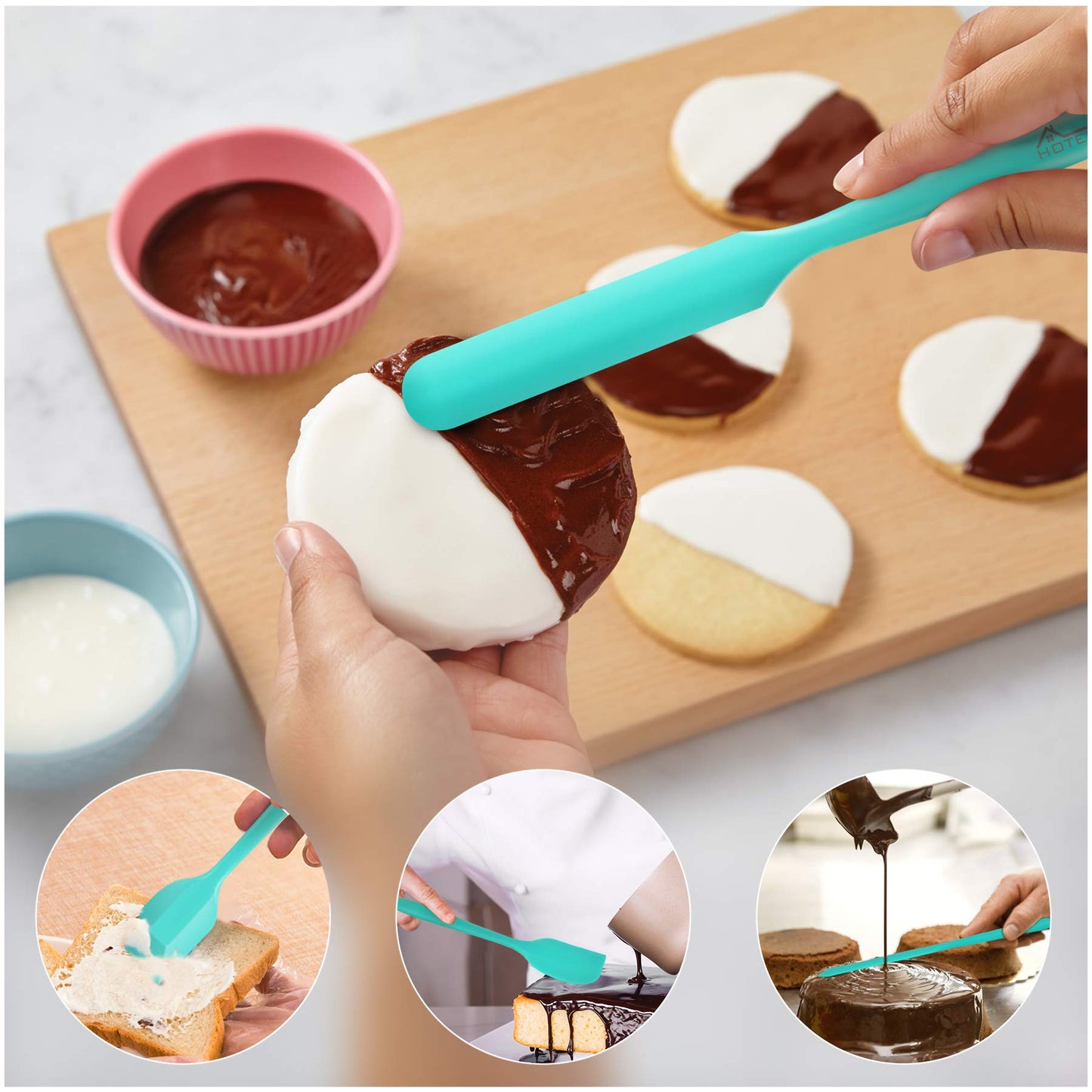HOTEC 315°C heat-resistant BPA-free silicone rubber spatula set, kitchen spatula, baking, mixing for non-stick cookware, dishwasher safe, 5-piece set, Aqua Sky
