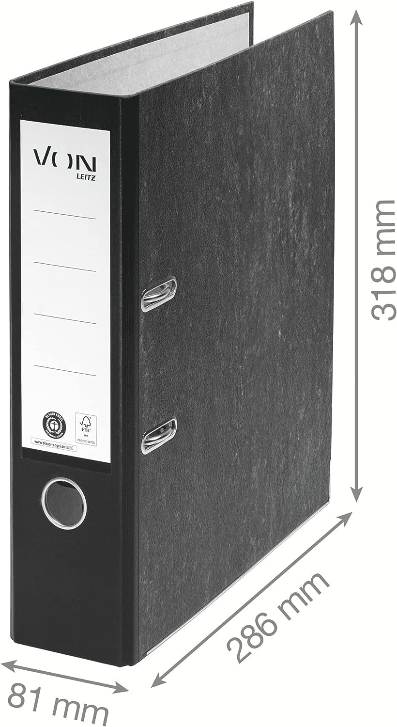 Leitz set of folders with dividers, 5-pack A4 folders made of 100% recycled cardboard, holds 600 sheets, 80mm spine width, black, 10531095 & 10-pack 12-part dividers made of 100% recycled cardboard, 13010000