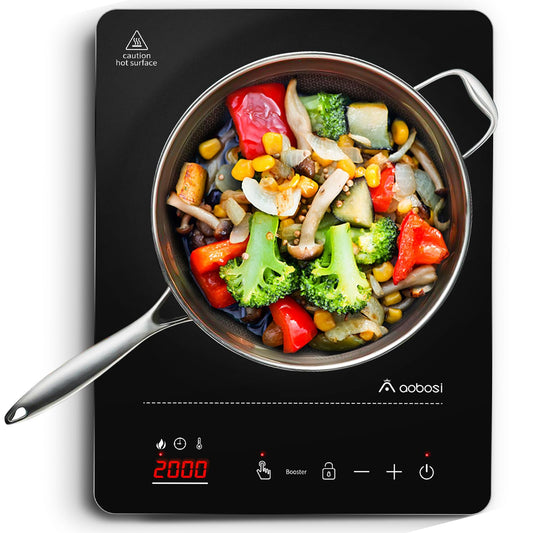 Aobosi Induction Cooktop, Induction Hob 1 Plate, 20 Power Levels and 20 Temperature Levels, 2000W Portable Induction Cooktop, LED Display, 10H Timer, Booster Function, Silver