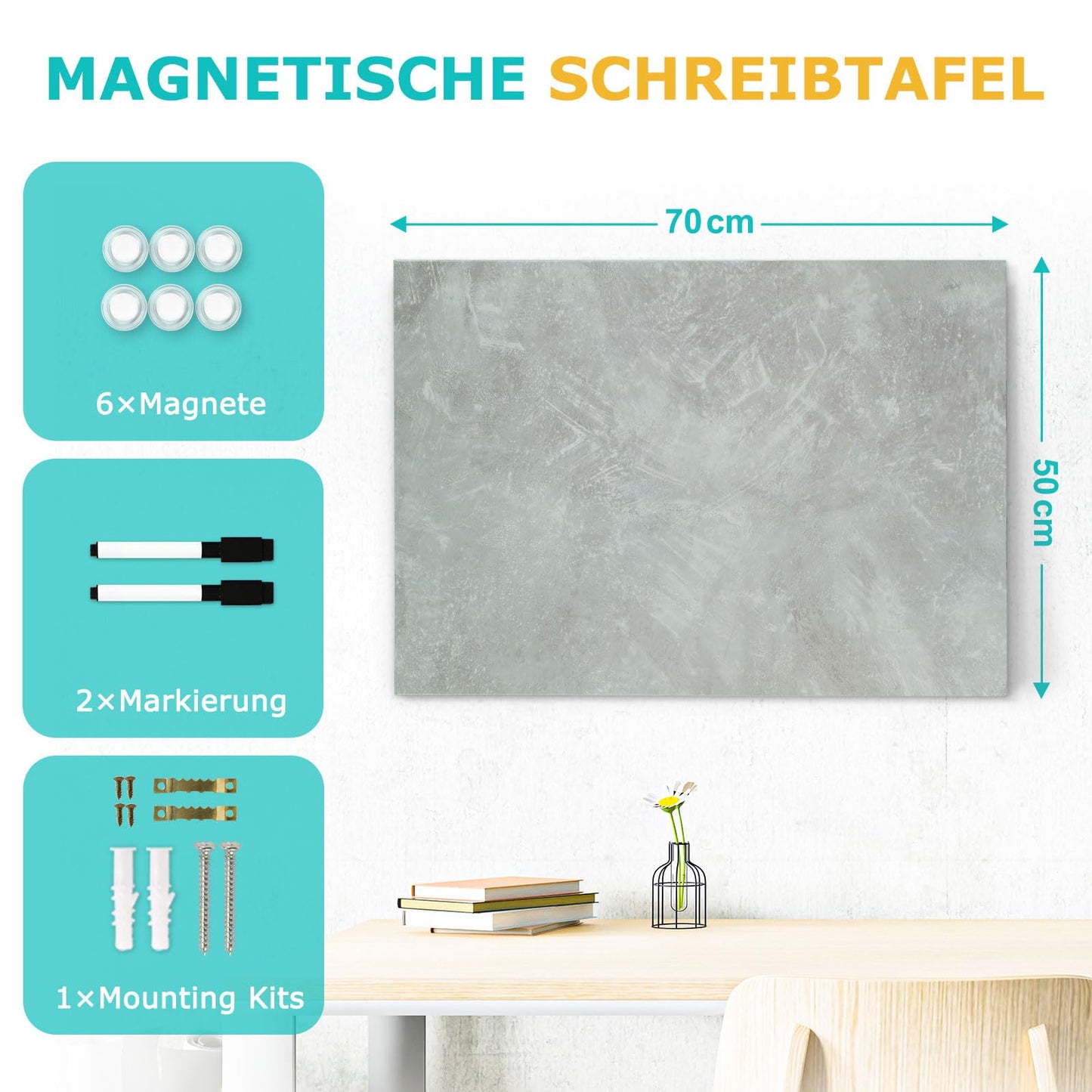 DOLLAR BOSS Magnetic Whiteboard, 50 x 70cm hanging magnet board, Magnetic Memo Board with 4 magnets and 2 markers.