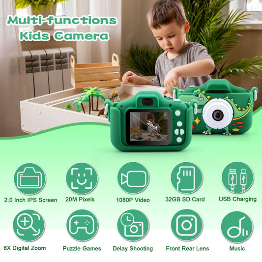 Children's camera, Camera for kids, 32GB, 1080P HD digital camera, Dinosaur toy camera for boys' Children's Day, back-to-school, and birthday gifts ages 3-12, Kids Camera Photography